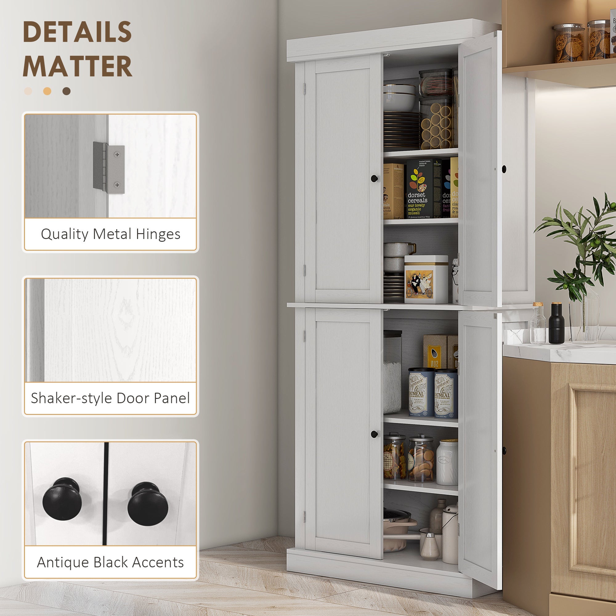 HOMCOM 72.5' Freestanding Kitchen Pantry Cabinet, Tall Storage Cabinet with 4 Doors and 2 Adjustable Shelves for Dining Room, White Wood Grain - Grand Goldman Shop