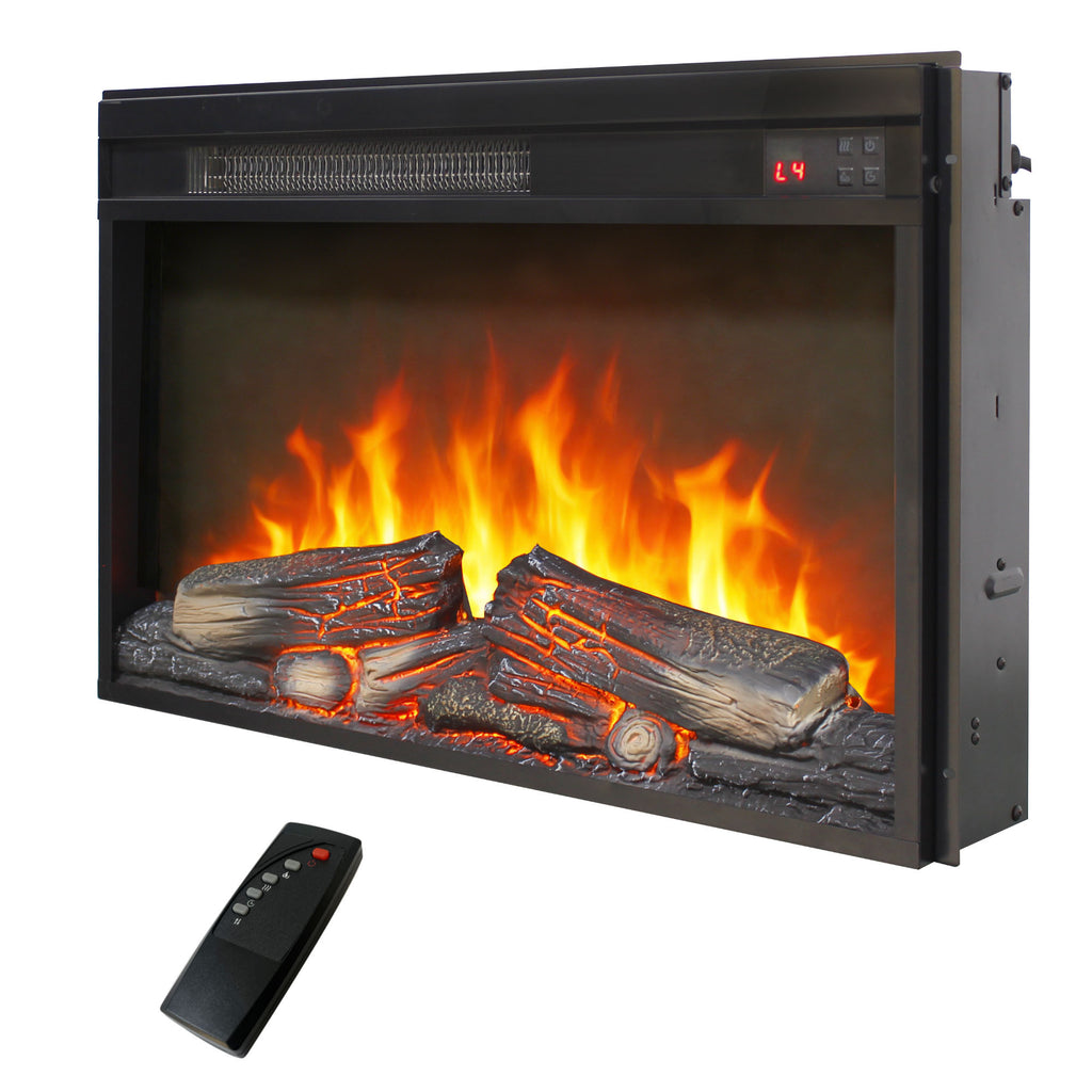 26 inch electric fireplace insert, ultra thin heater with log set & realistic flame, remote control with timer, overheating protection - Grand Goldman Shop