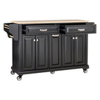 Kitchen Island with Rubber wood Countertop, Kitchen Cart on 5 Wheels with Storage Cabinet and 2 Top Drawers and A center double layered storage drawer for Dinning Room, Black - Grand Goldman Shop