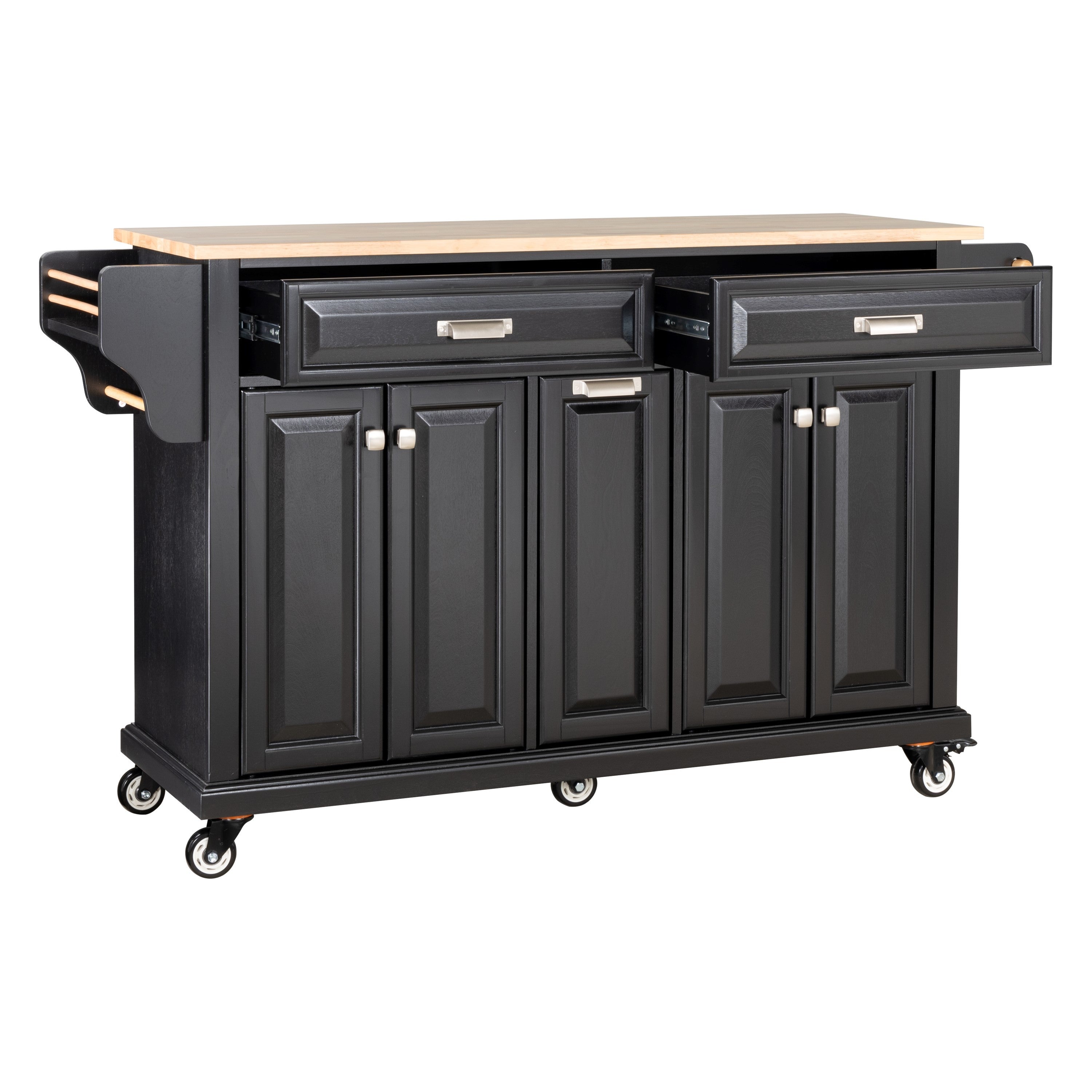 Kitchen Island with Rubber wood Countertop, Kitchen Cart on 5 Wheels with Storage Cabinet and 2 Top Drawers and A center double layered storage drawer for Dinning Room, Black - Grand Goldman Shop