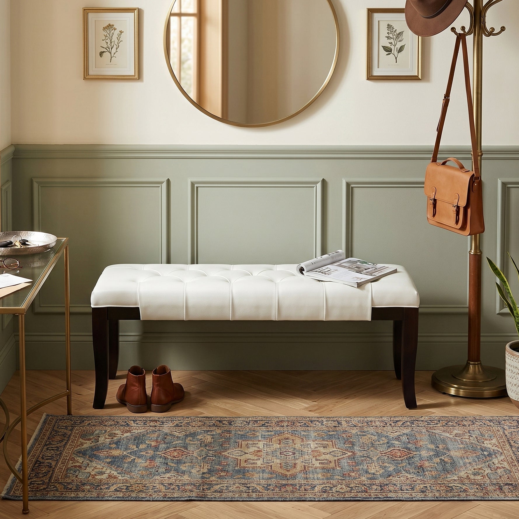 Linon Tufted Bench, Faux Leather, White - Grand Goldman Shop