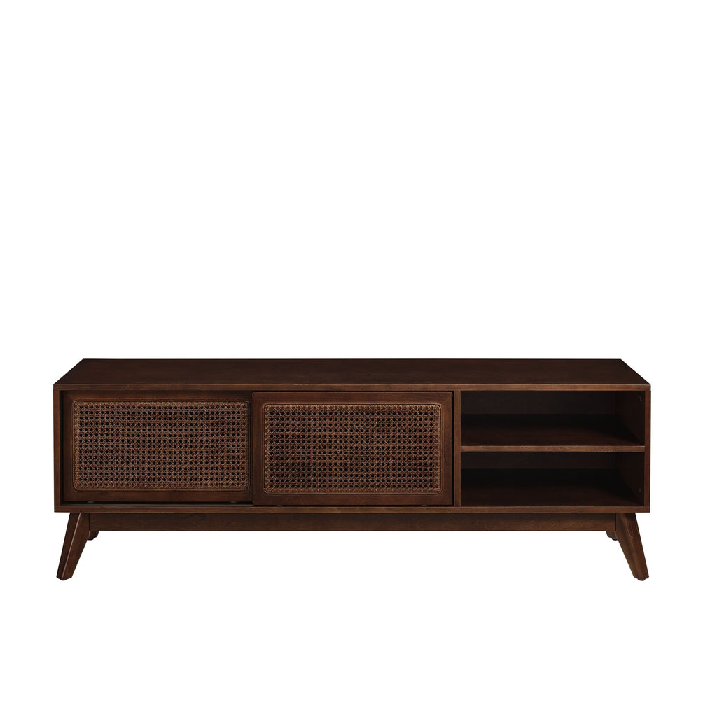59 Inch Mid Century Modern Rattan TV Stand for 65 Inch TV, Entertainment Cabinet, Media Console for Living Room Media Room, Solid Wood Feet & Rattan Cabinet Doors - Dark Wood - Grand Goldman Shop