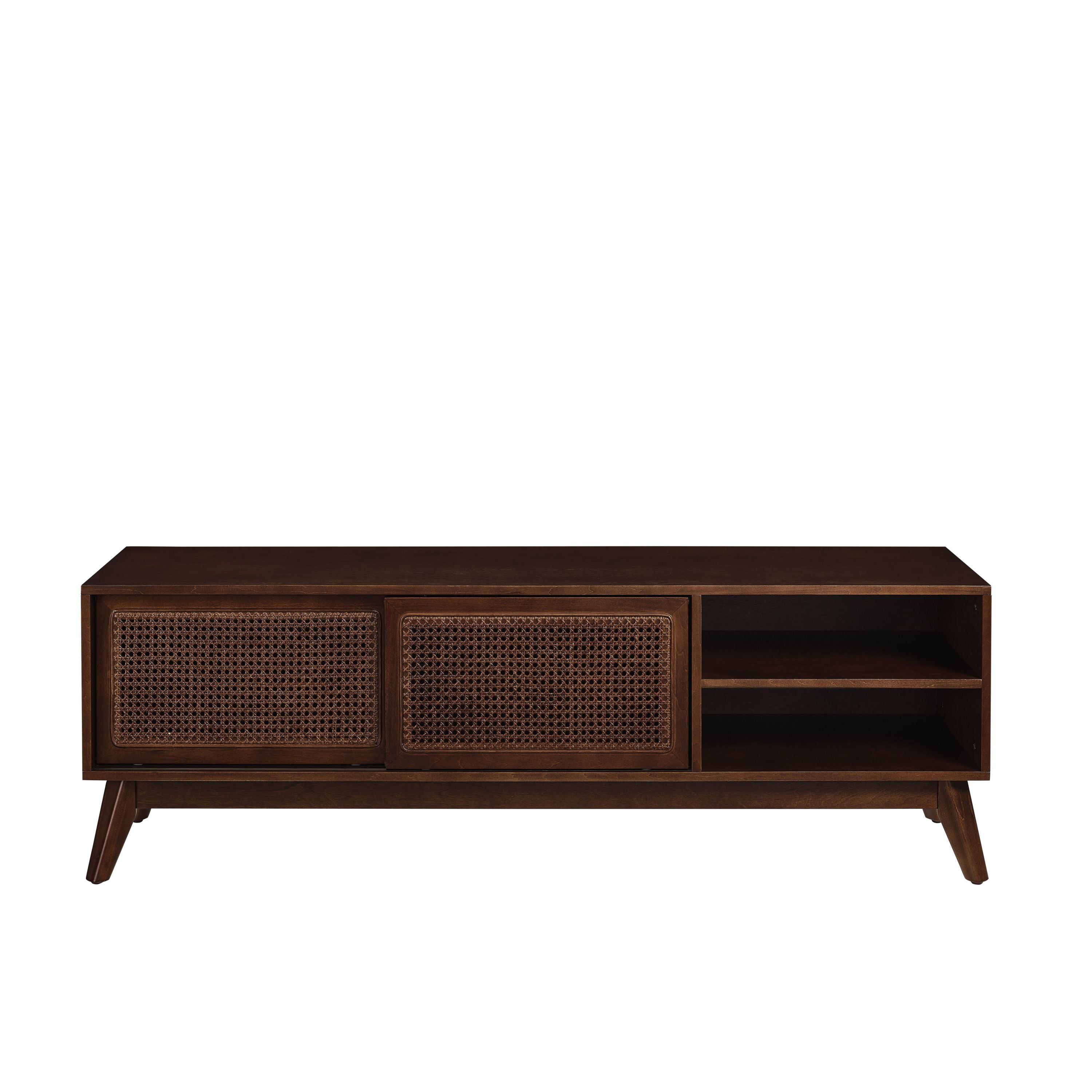 59 Inch Mid Century Modern Rattan TV Stand for 65 Inch TV, Entertainment Cabinet, Media Console for Living Room Media Room, Solid Wood Feet & Rattan Cabinet Doors - Dark Wood - Grand Goldman Shop