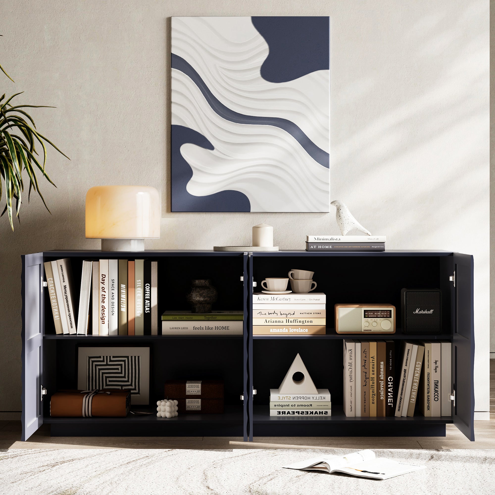 Buffet Cabinet with Storage ,4 Doors Modern Accent Storage Sideboard,Luxurious Floor Cabinet Buffet with Freestanding Anti Dumping for Kitchen, Living Room, 59' Wide Rectangular Sideboard (Navy Blue) - Grand Goldman Shop