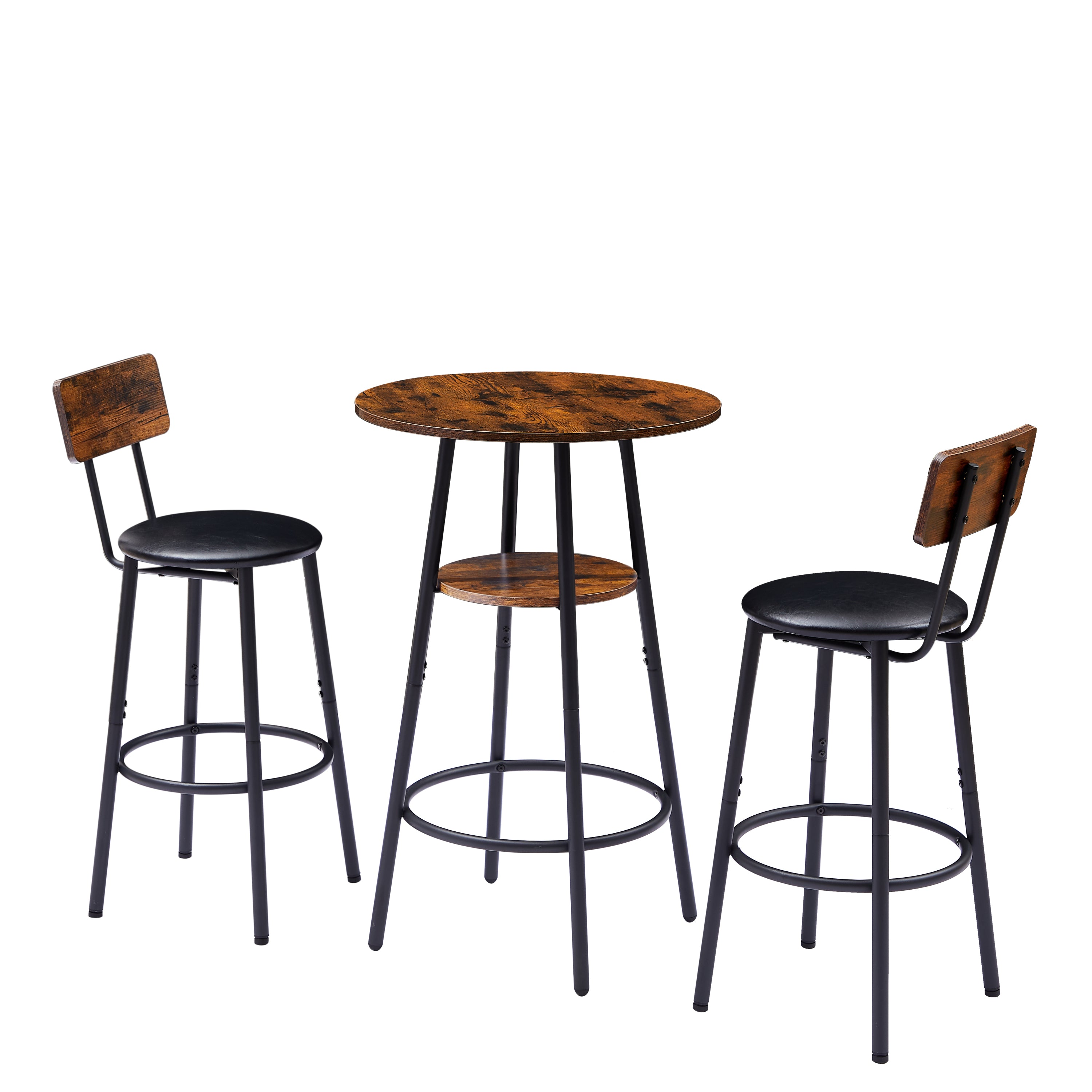 Round bar stool set with shelf, upholstered stool with backrest, Rustic Brown, 23.62'' W x 23.62'' D x 35.43'' H - Grand Goldman Shop