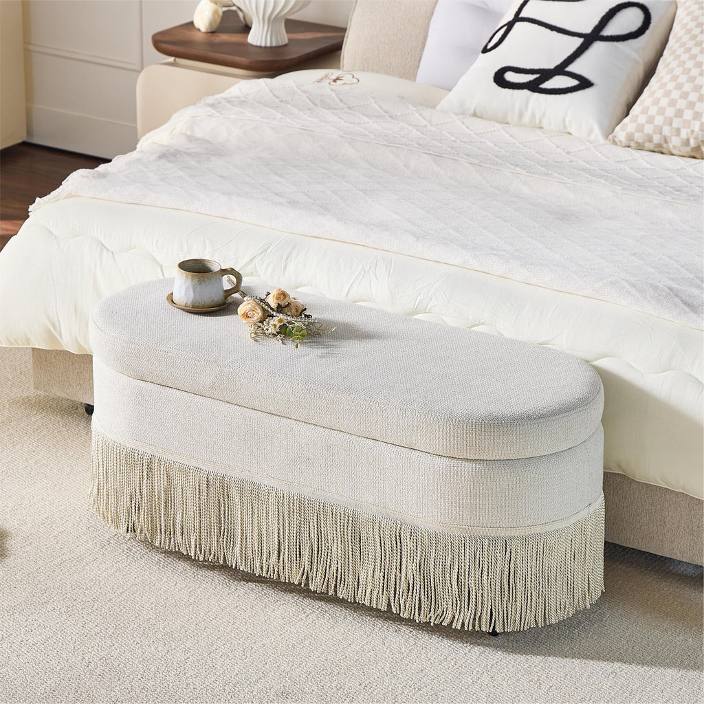 Oval Upholstered Storage Ottoman with Fringe Trim & Lift-Top Lid - 39'L x 16'W x 17'H, Multi-Functional Footrest & Hidden Storage for Living Room or Bedroom - Beige Fabric with Metal Frame - Grand Goldman Shop