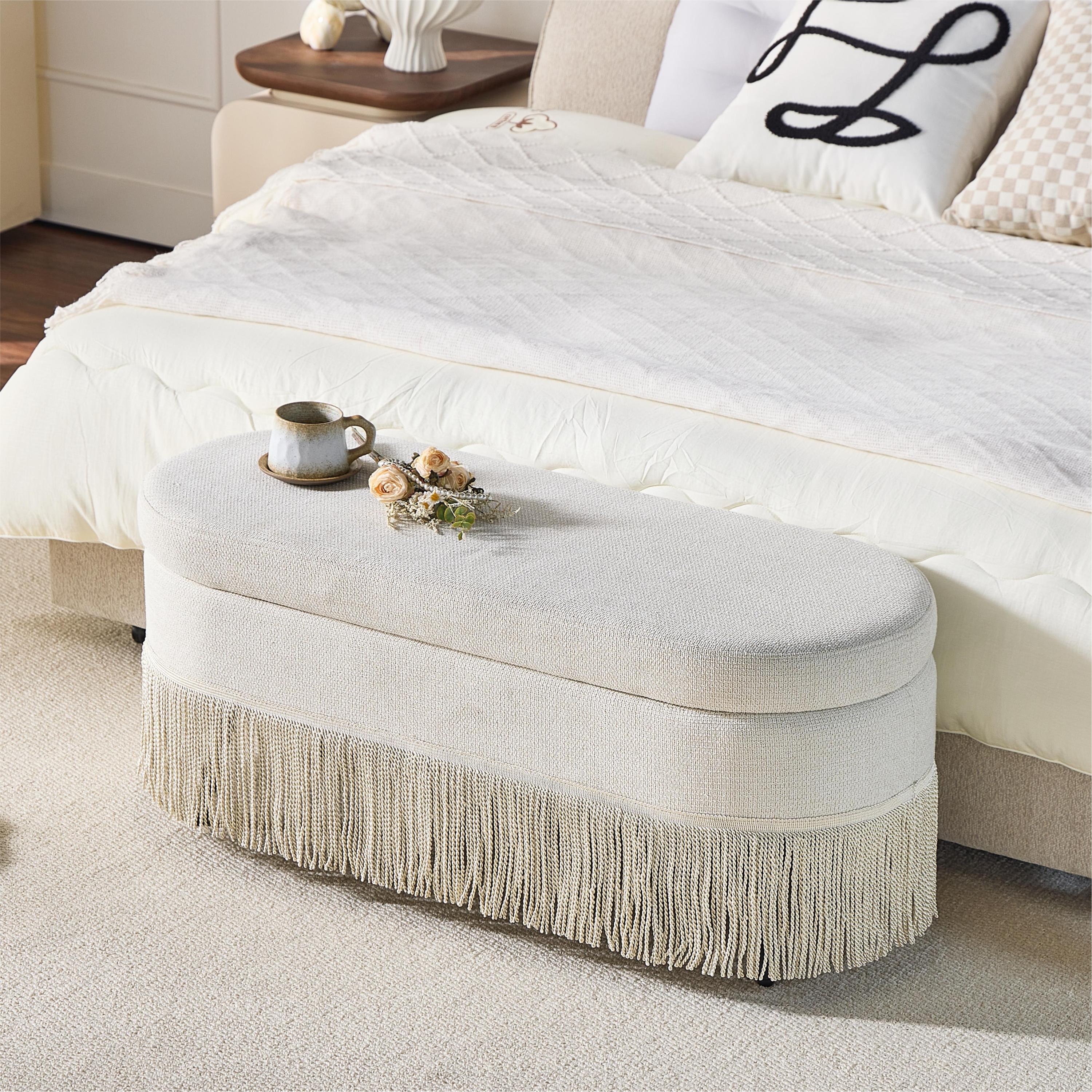Oval Upholstered Storage Ottoman with Fringe Trim & Lift-Top Lid - 39'L x 16'W x 17'H, Multi-Functional Footrest & Hidden Storage for Living Room or Bedroom - Beige Fabric with Metal Frame - Grand Goldman Shop