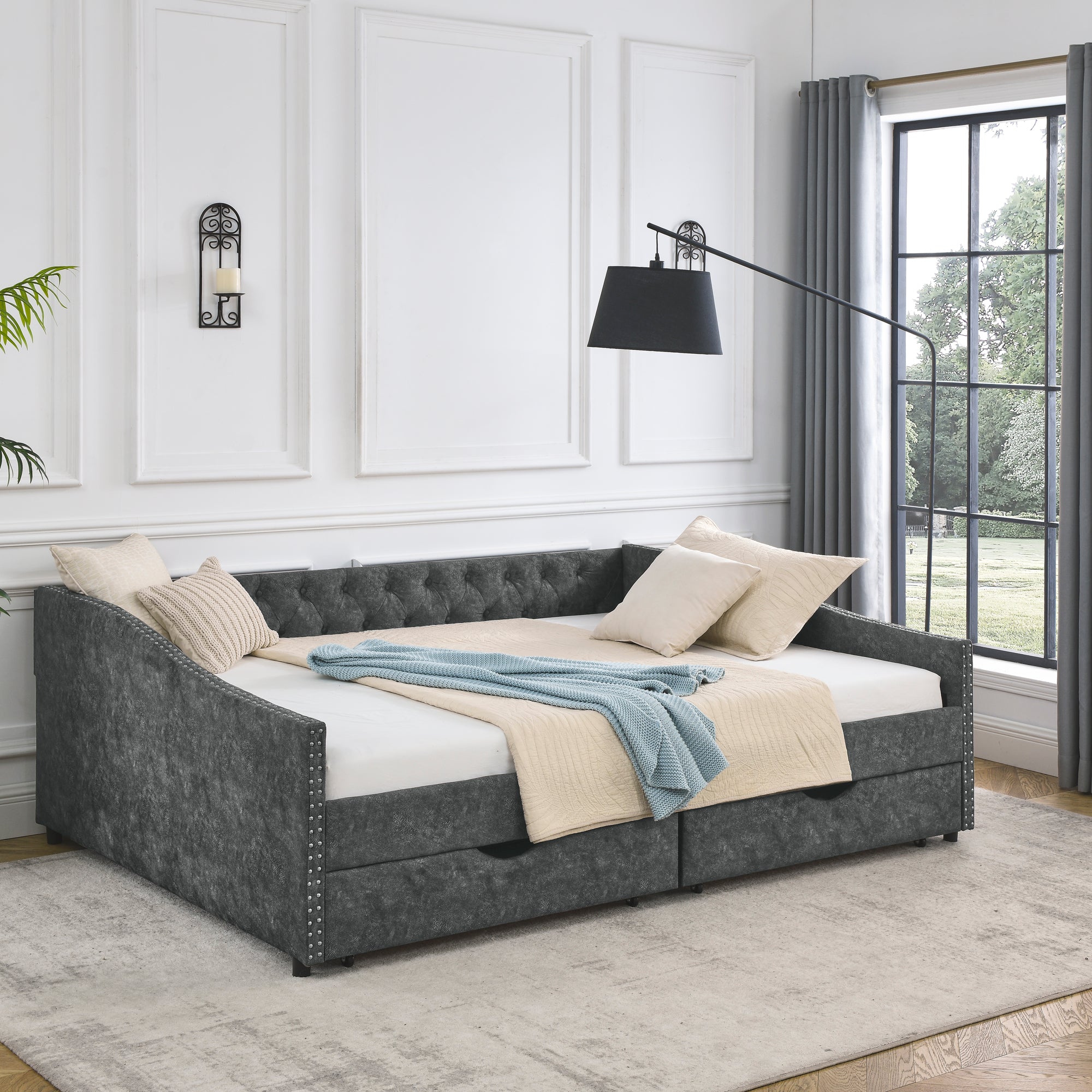 Mid-Century Grey Upholstered Tufted Daybed with Drawers and Copper Nail Trim, Queen Size (84.5'x63.5'x26.5') - Grand Goldman Shop
