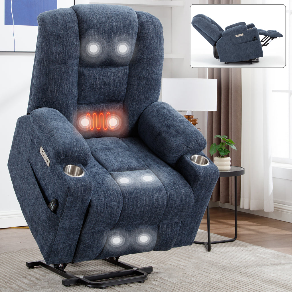 Power Lift Recliner Chair with Massage and Heat for Elderly, Overstuffed Wide Recliners, Heavy Duty Motion Mechanism with USB and Type C Ports, 2 Steel Cup Holders, Blue - Grand Goldman Shop