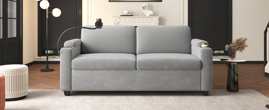 Corduroy Sleeper Sofa Loveseat with Full Size Mattress, USB Ports, Cup Holders, Side Pockets, and Phone Holder, Grey - Grand Goldman Shop