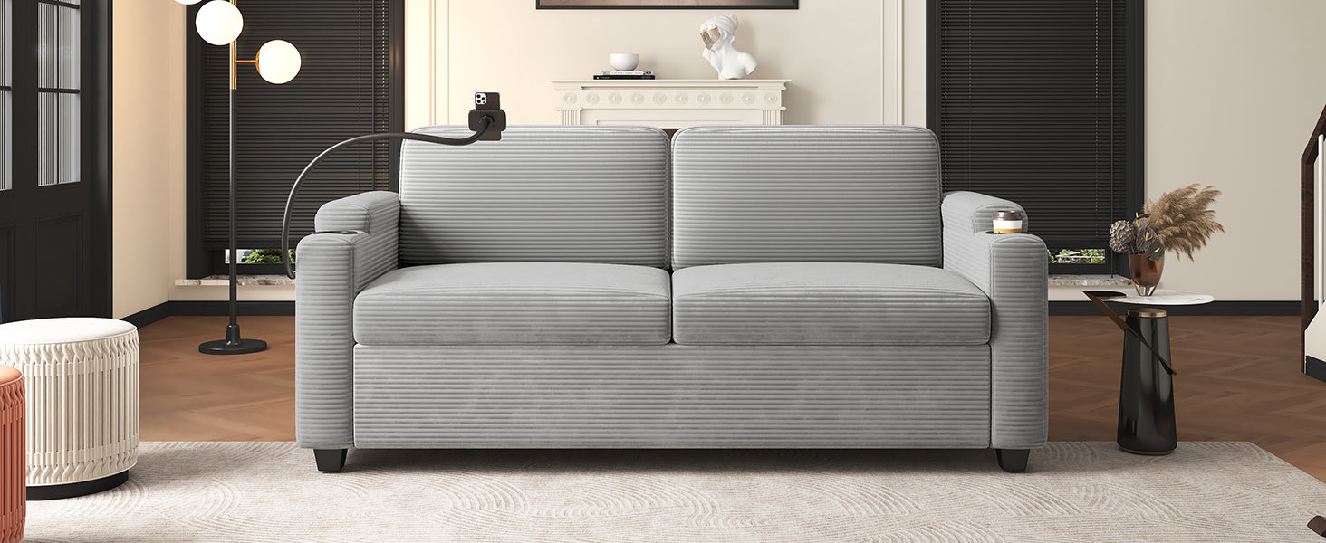 Corduroy Sleeper Sofa Loveseat with Full Size Mattress, USB Ports, Cup Holders, Side Pockets, and Phone Holder, Grey - Grand Goldman Shop