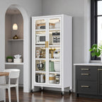 65'  Metal 6-Tier Storage Cabinet with Transparent Door, Adjustable Shelves & Wheels, for Kitchen Pantry Organization, White Metal - Grand Goldman Shop