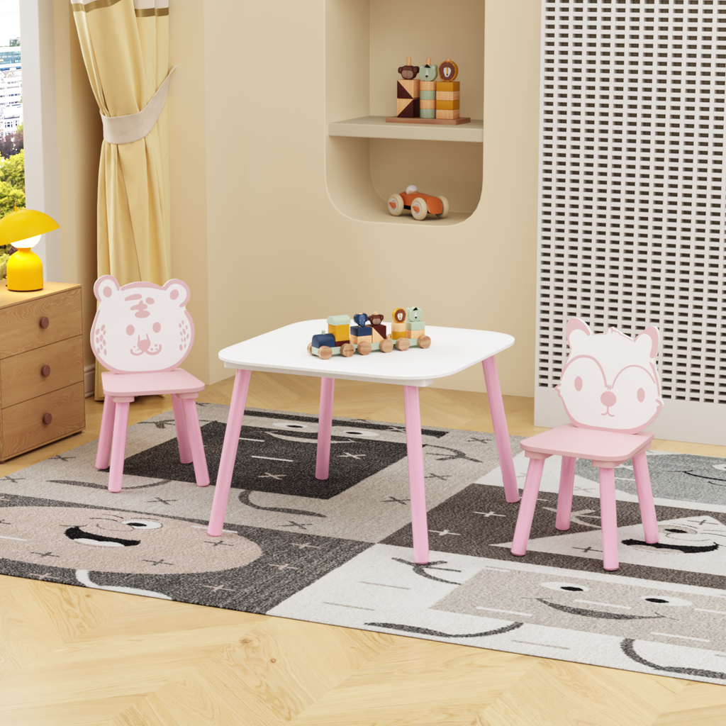Kids Table and Chair Set, 3-Piece Wooden Toddler Desk with Animal Backrest, Activity Table for Drawing, Learning,Playroom or 
