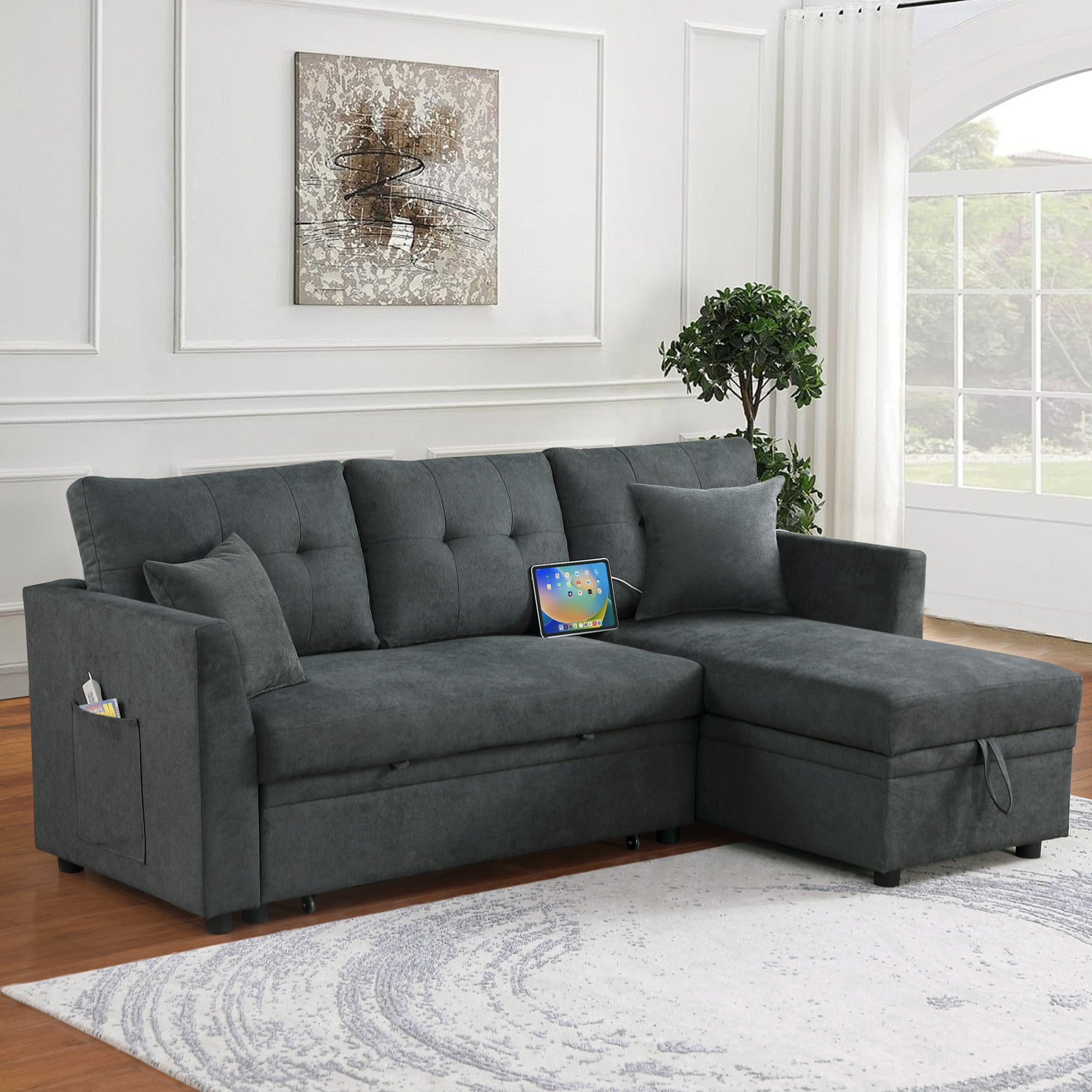 Sectional Sofa Bed L-Shaped Sofa Couch Bed with USB Port, Reversible Sofa Couch Sleeper with Pull Out Bed, Chaise with Storage, Pull Out Couch for Living Room - Grand Goldman Shop