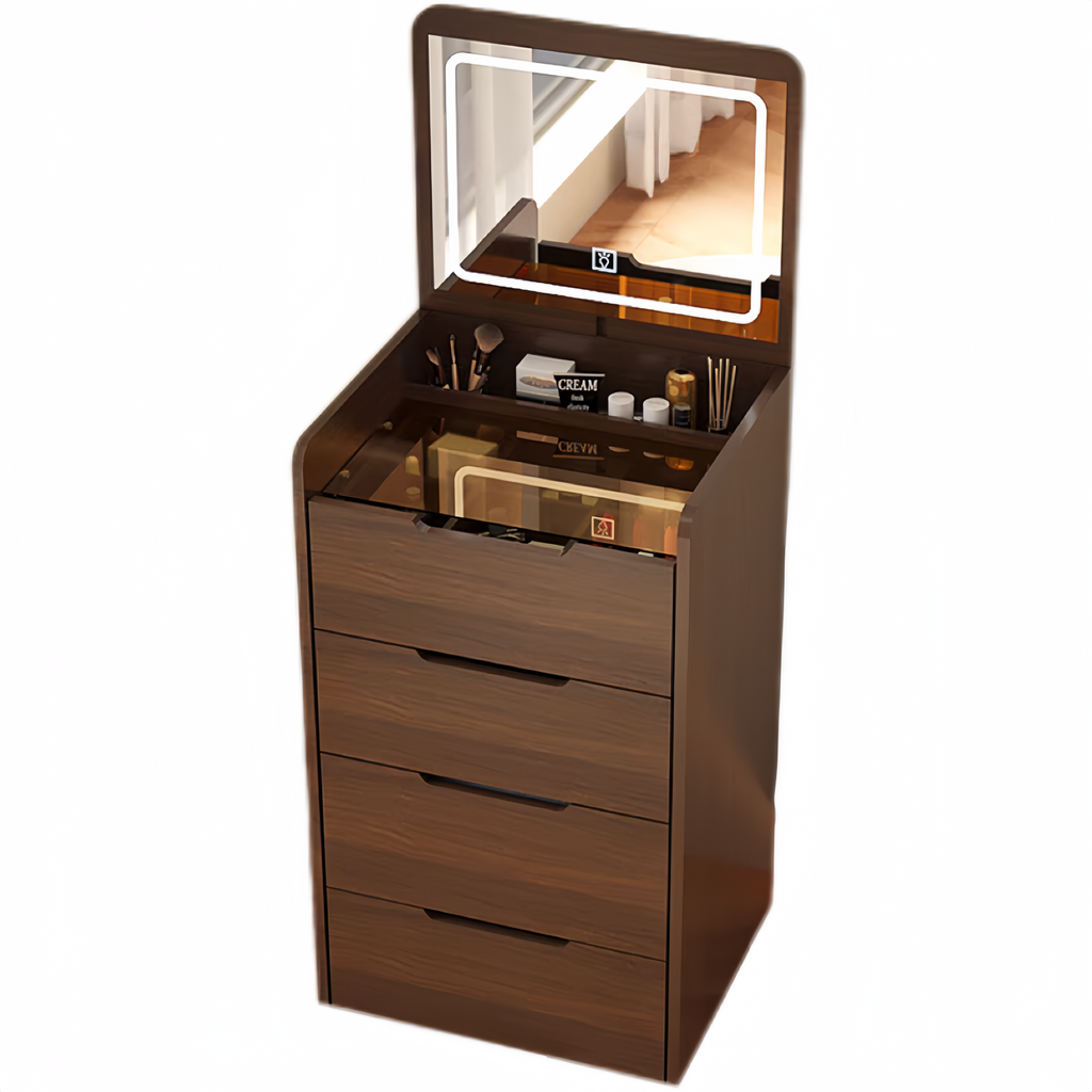 (48cm)(Walnut) 3 in 1 Vanity Desk with Plip Top Mirror,Small Make Up Vanity Set with Visible Glass Desktop, Compact Makeup Vanity with 3 Drawers, Dressing Table - Grand Goldman Shop