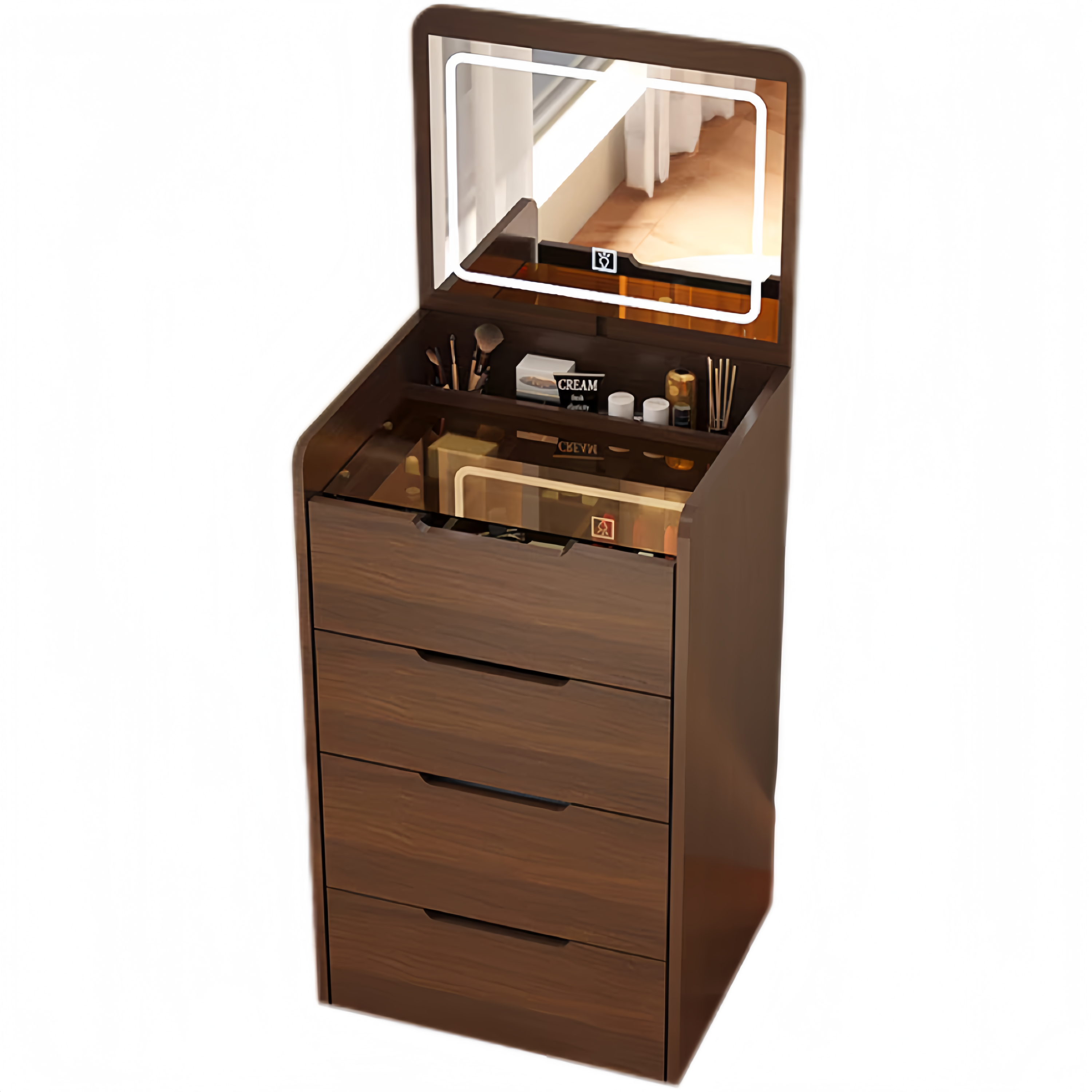 (48cm)(Walnut) 3 in 1 Vanity Desk with Plip Top Mirror,Small Make Up Vanity Set with Visible Glass Desktop, Compact Makeup Vanity with 3 Drawers, Dressing Table - Grand Goldman Shop