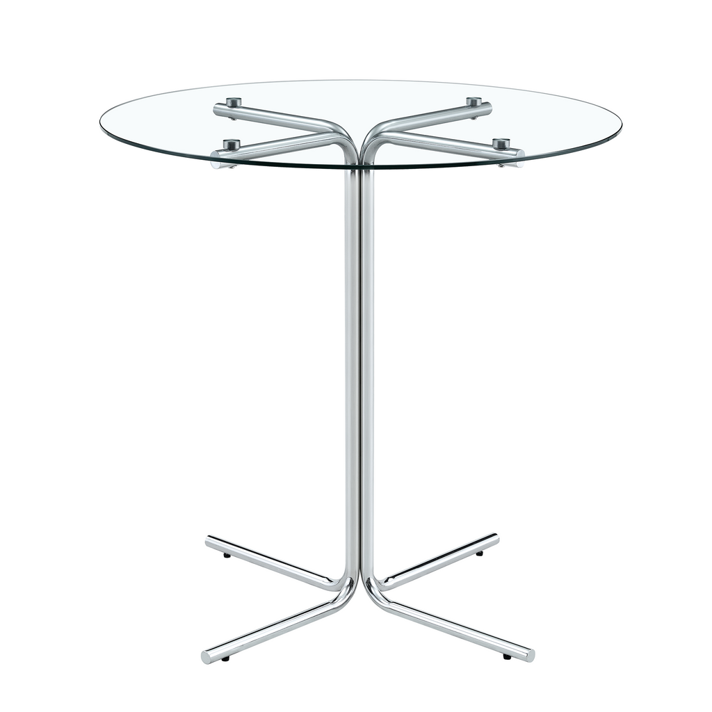 Round glass bar high table, 36 inch round bar table, tempered glass tabletop, sturdy silver chrome plated four column support, suitable for transparent round bar tables in small spaces, kitchens - Grand Goldman Shop