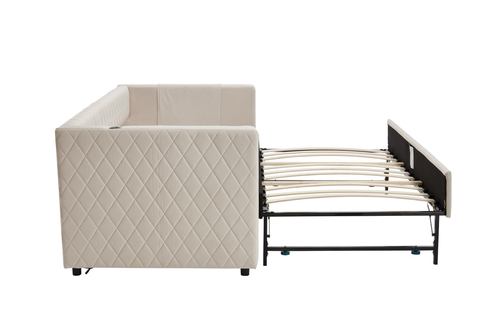 Beige velvet daybed, sturdy wooden bed frame, modern diamond grid pull-out design, perfect for bedroom, living room furniture - Grand Goldman Shop
