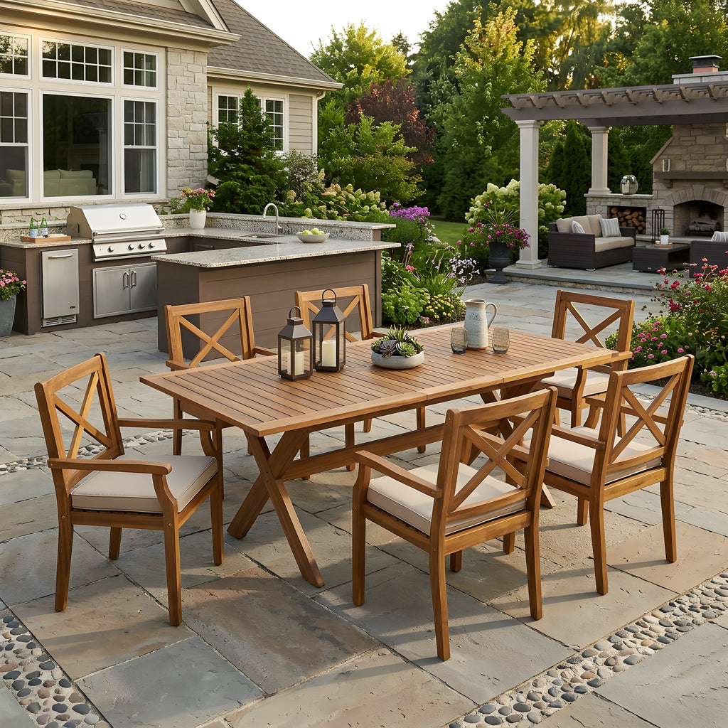 7-teiliges Outdoor-Esszimmer-Set aus Akazienholz mit cremefarbenen Kissen, modernes Set mit 6 Stühlen und 1 großem Tisch, Esszimmermöbel-Set für Rasen, Garten, Terrasse, Poolbereich, Teak