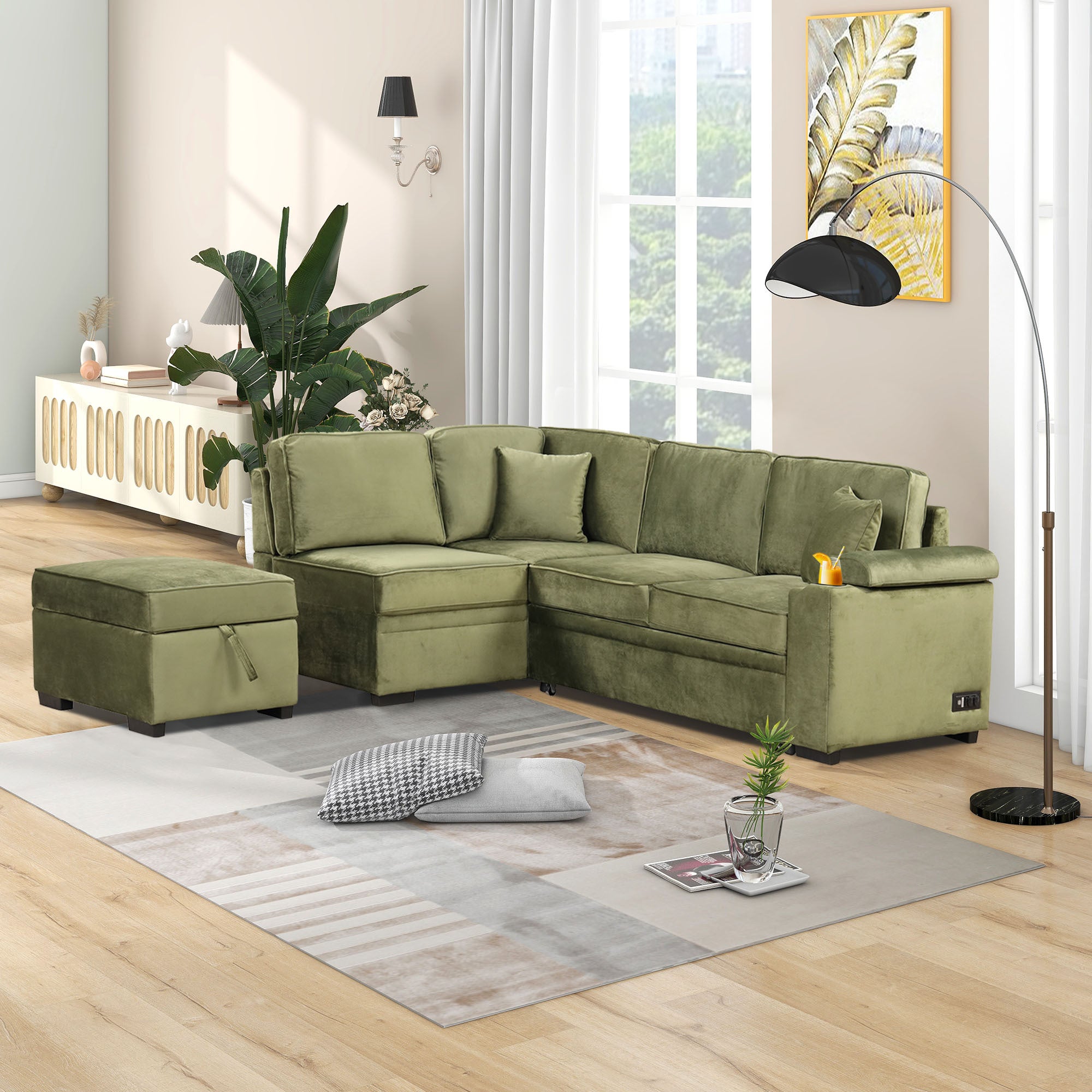 Green Velvet Sleeper Sofa Bed with Storage Ottoman, L Shape Pull Out Couch for Living Room and Bedroom - Grand Goldman Shop