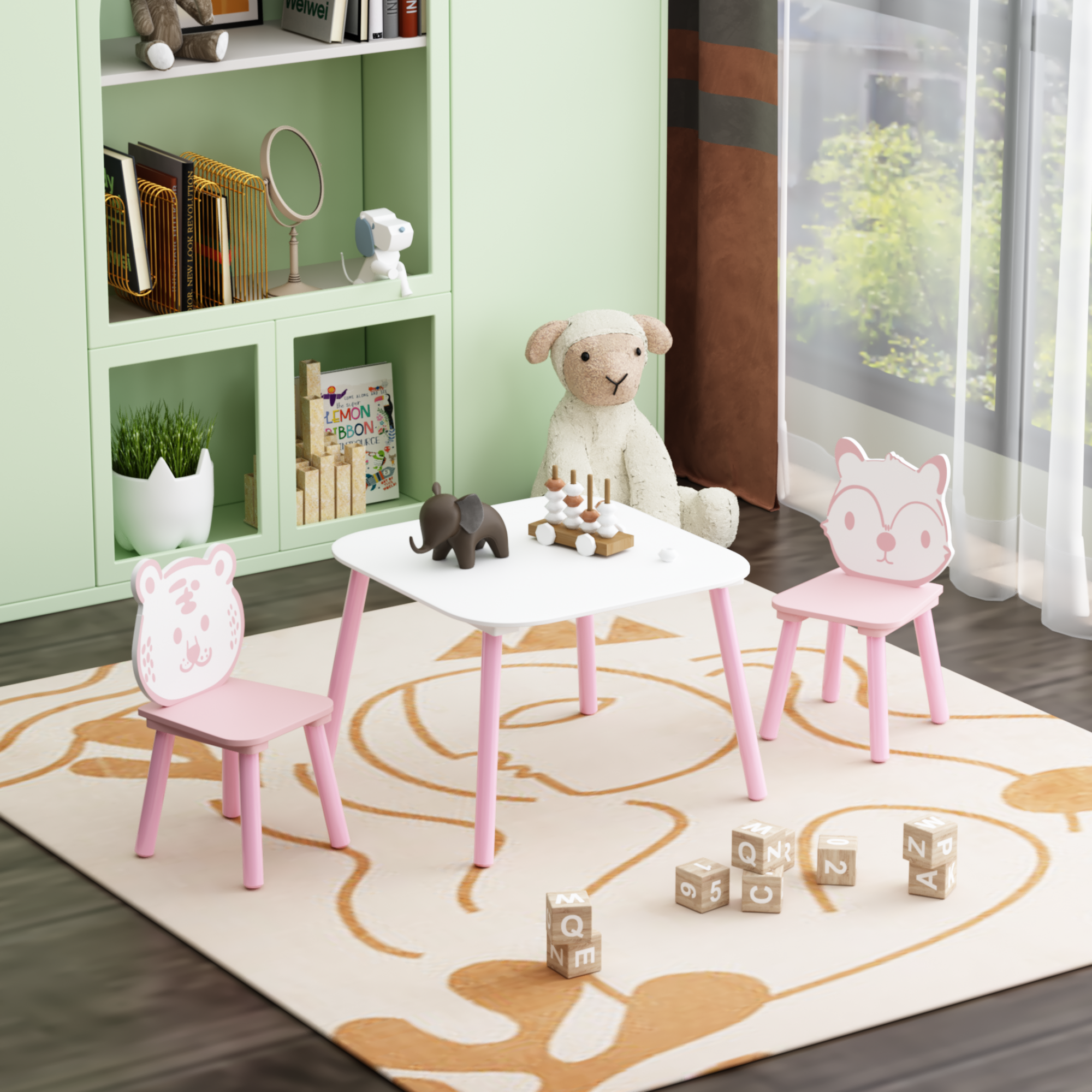 Kids Table and Chair Set, 3-Piece Wooden Toddler Desk with Animal Backrest, Activity Table for Drawing, Learning,Playroom or 