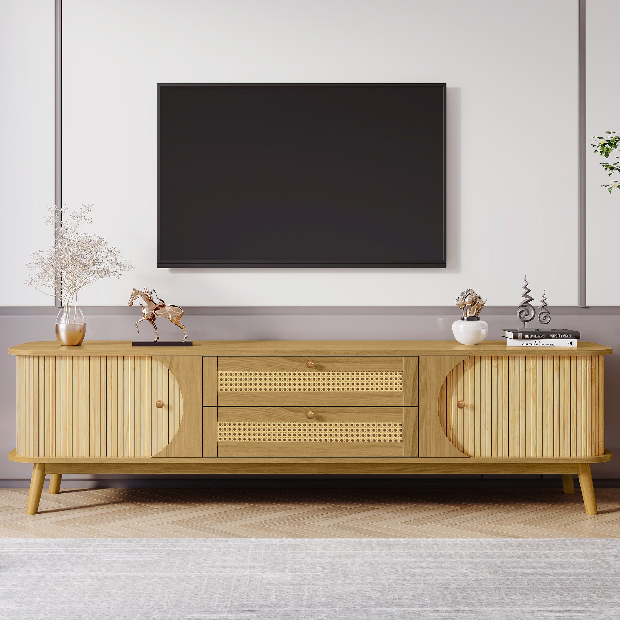 Modern Farmhouse Rattan TV Stand for TVs up to 75'', Solid Wood Legs, Natural Wood Finish Media Console with Storage Drawers and Sliding Doors - Grand Goldman Shop