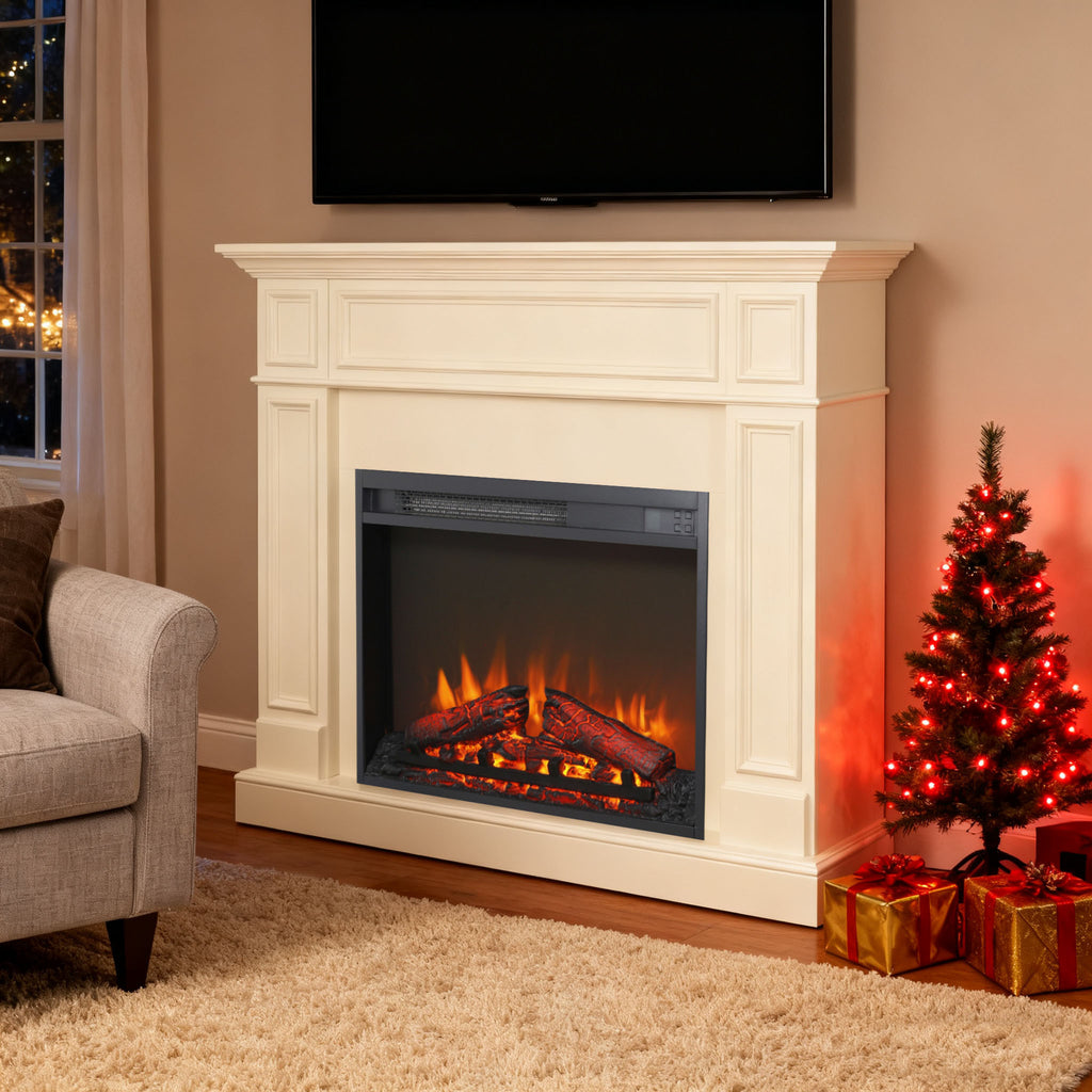 23 inch electric fireplace insert, ultra thin heater with log set & realistic flame, remote control with timer, overheating protection - Grand Goldman Shop