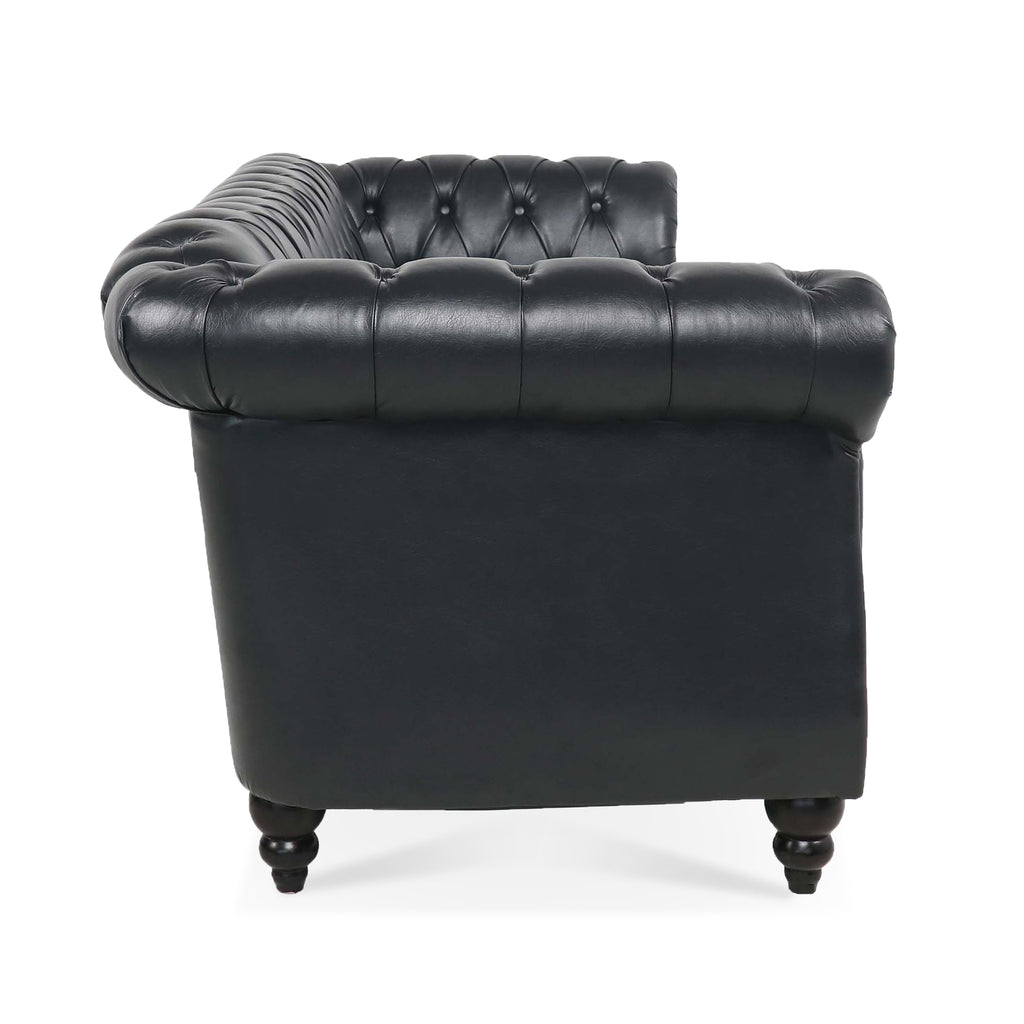 84.65' BLACK PU Rolled Arm Chesterfield Three Seater Sofa. - Grand Goldman Shop