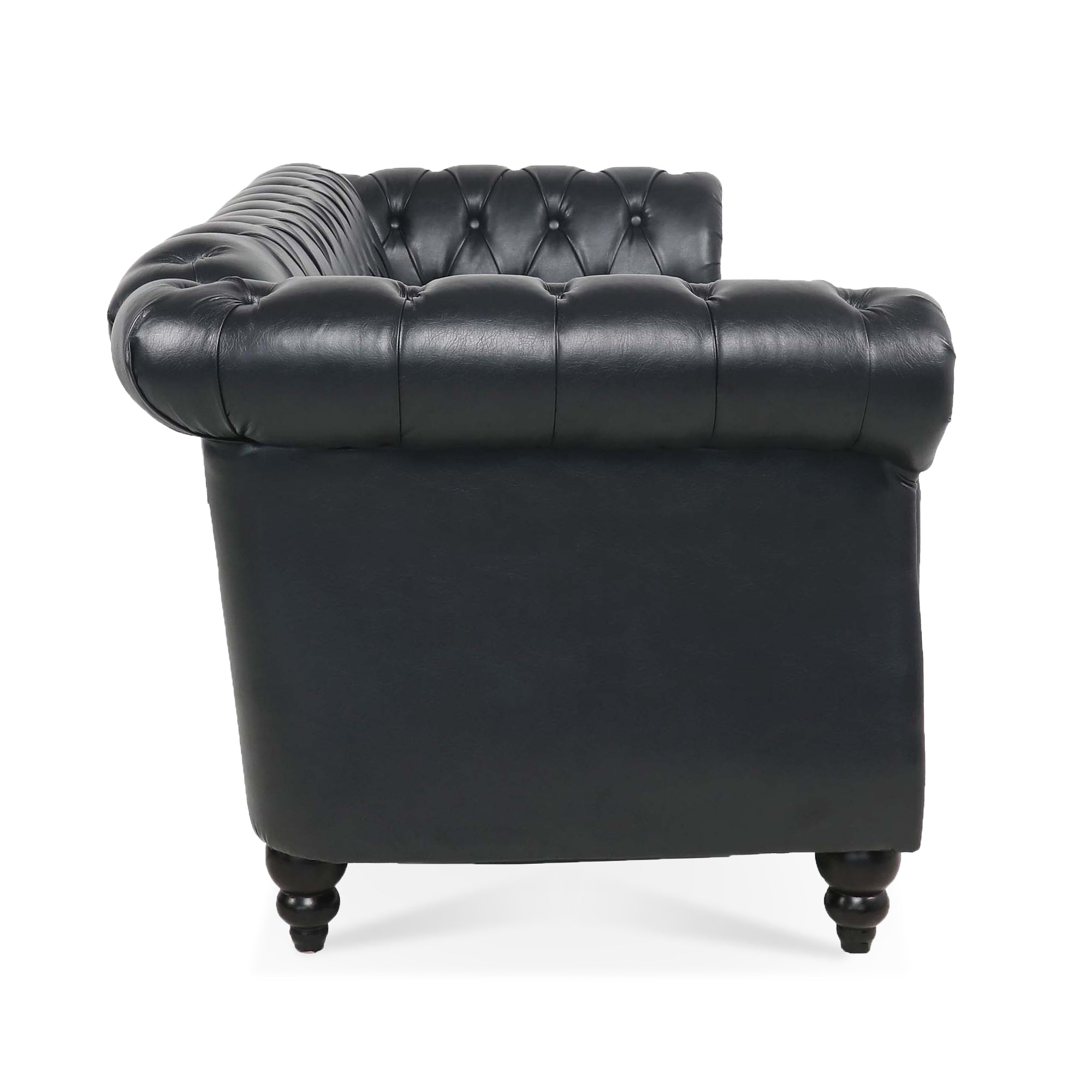 84.65' BLACK PU Rolled Arm Chesterfield Three Seater Sofa. - Grand Goldman Shop