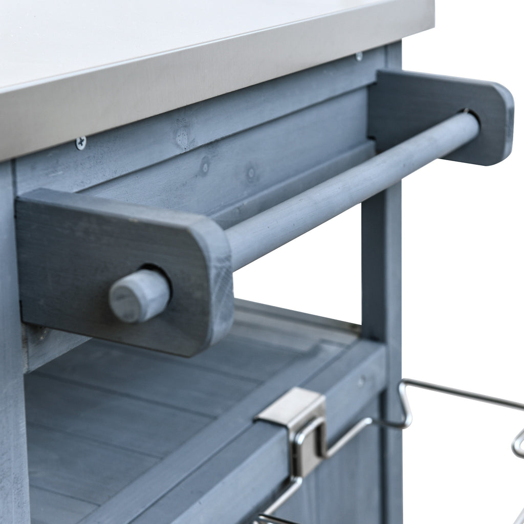 K&K 40.5' Outdoor Grill Cart with Stainless Steel Top, Solid Wood Outdoor Storage Cabinet with Drop Leaf, One Drawer, Towel Rack, Rolling Kitchen Cart with Lockable Wheels for Lawn Garden, Blue Grey - Grand Goldman Shop