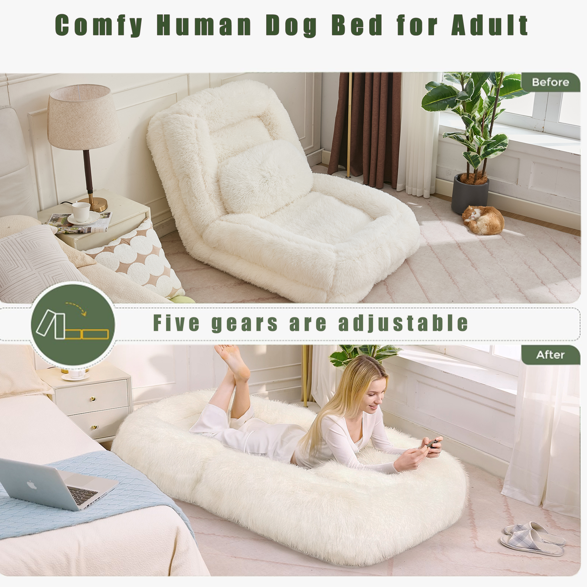 [NEW ARRIVED] [VIDEO PROVIDED] Human Dog Bed,Lazy Sofa,5-Position Adjustable Convertible,Floor Gaming Chair,bedroom, living room,Suitable for gaming, meditation,relaxation,Plush Fabric,Beige - Grand Goldman Shop