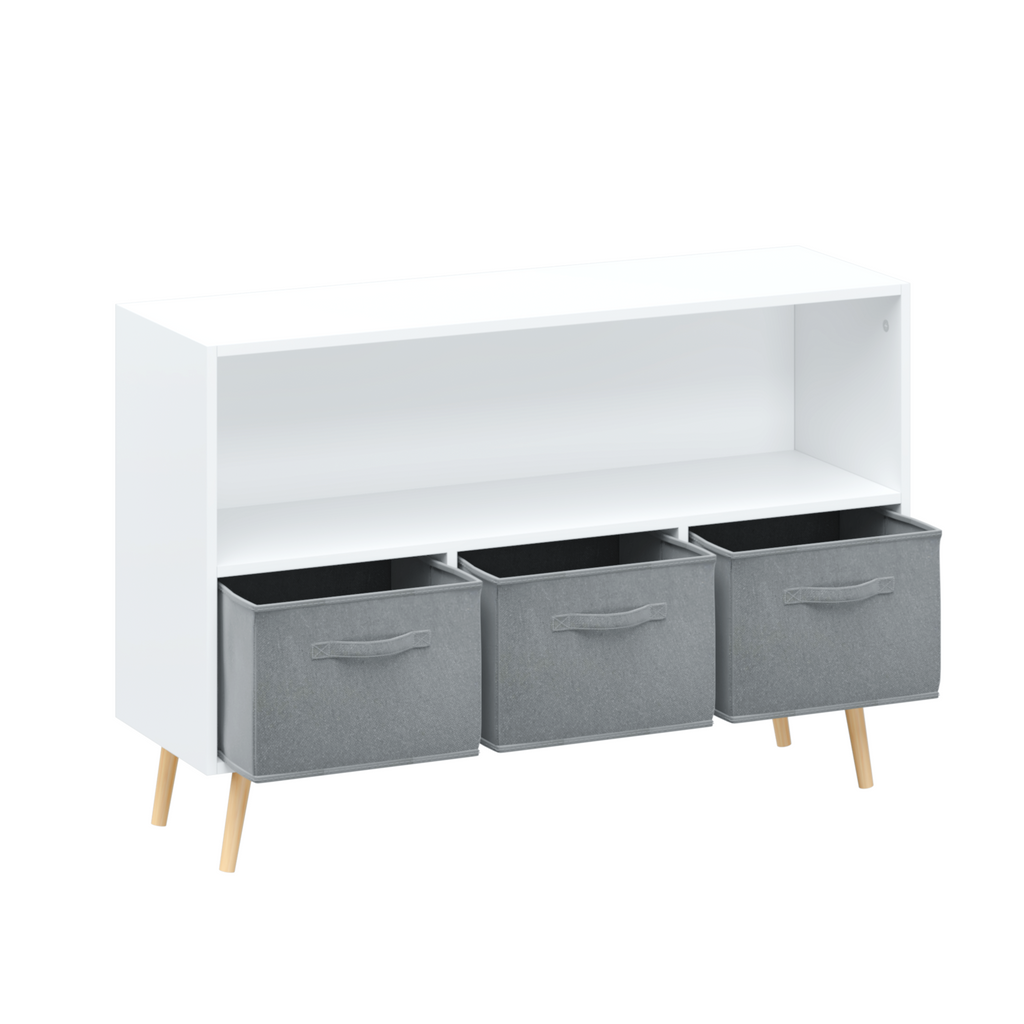 Kids Bookcase with Collapsible Fabric Drawers, Children's Book Display, Toy Storage Cabinet Organizer, White/Gray, MDF+Pine -