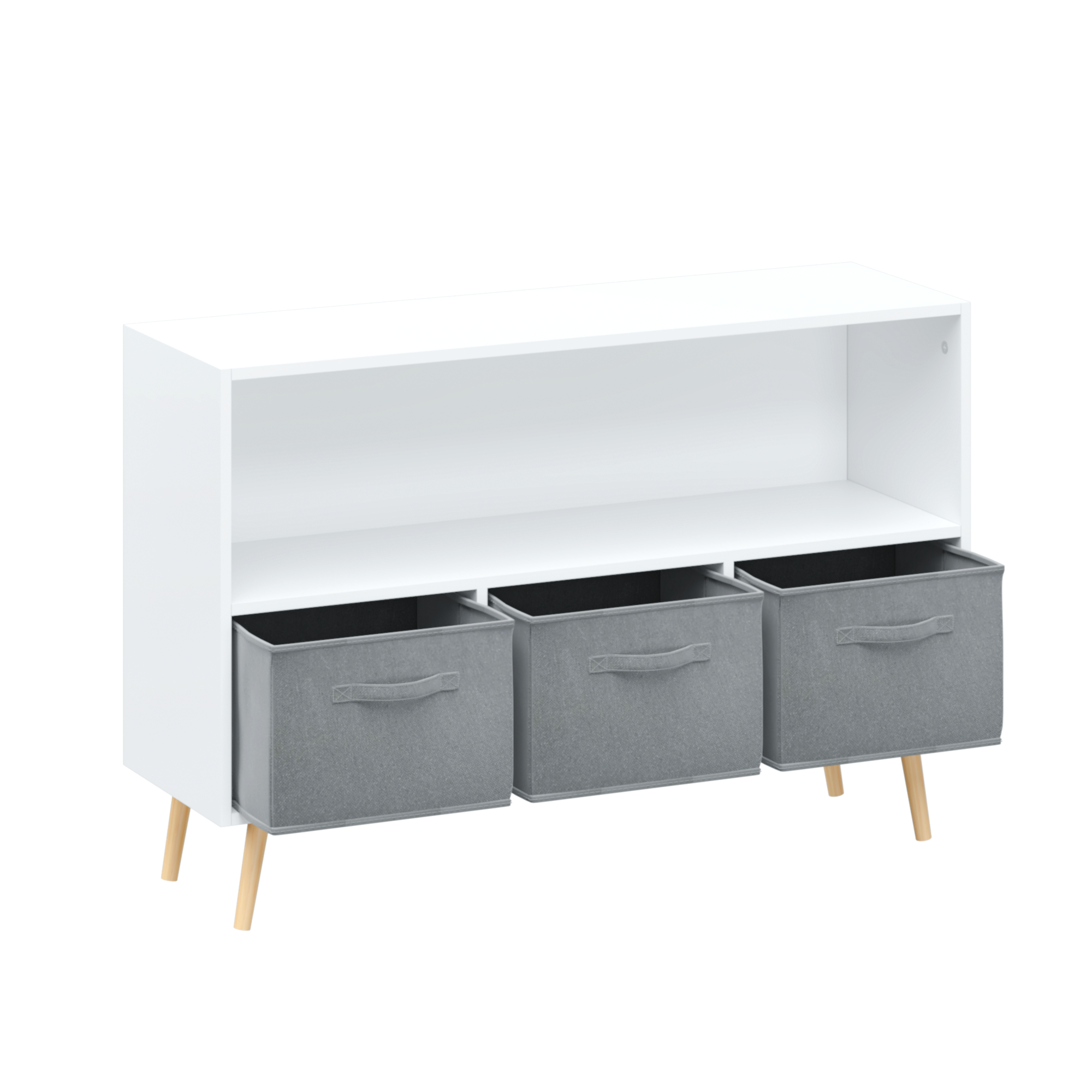 Kids Bookcase with Collapsible Fabric Drawers, Children's Book Display, Toy Storage Cabinet Organizer, White/Gray, MDF+Pine -