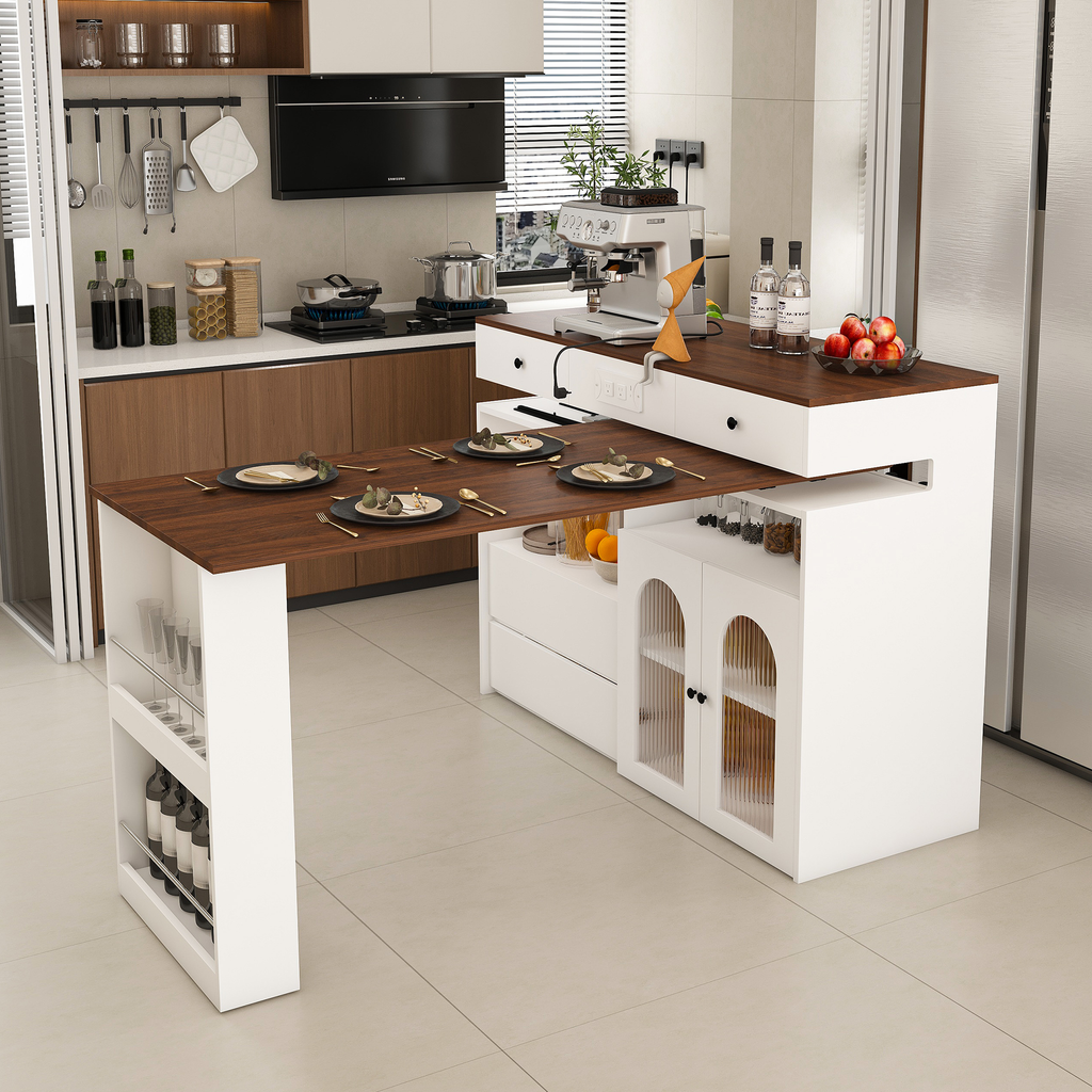 Kitchen Island with Extendable & Rotating Table, MDF with Walnut Veneer Retro Design, 4 Drawers & Glass Door Cabinets with Built-in Socket, Expandable Dining Station for 2-4 Person - Grand Goldman Shop