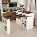 Kitchen Island with Extendable & Rotating Table, MDF with Walnut Veneer Retro Design, 4 Drawers & Glass Door Cabinets with Built-in Socket, Expandable Dining Station for 2-4 Person - Grand Goldman Shop