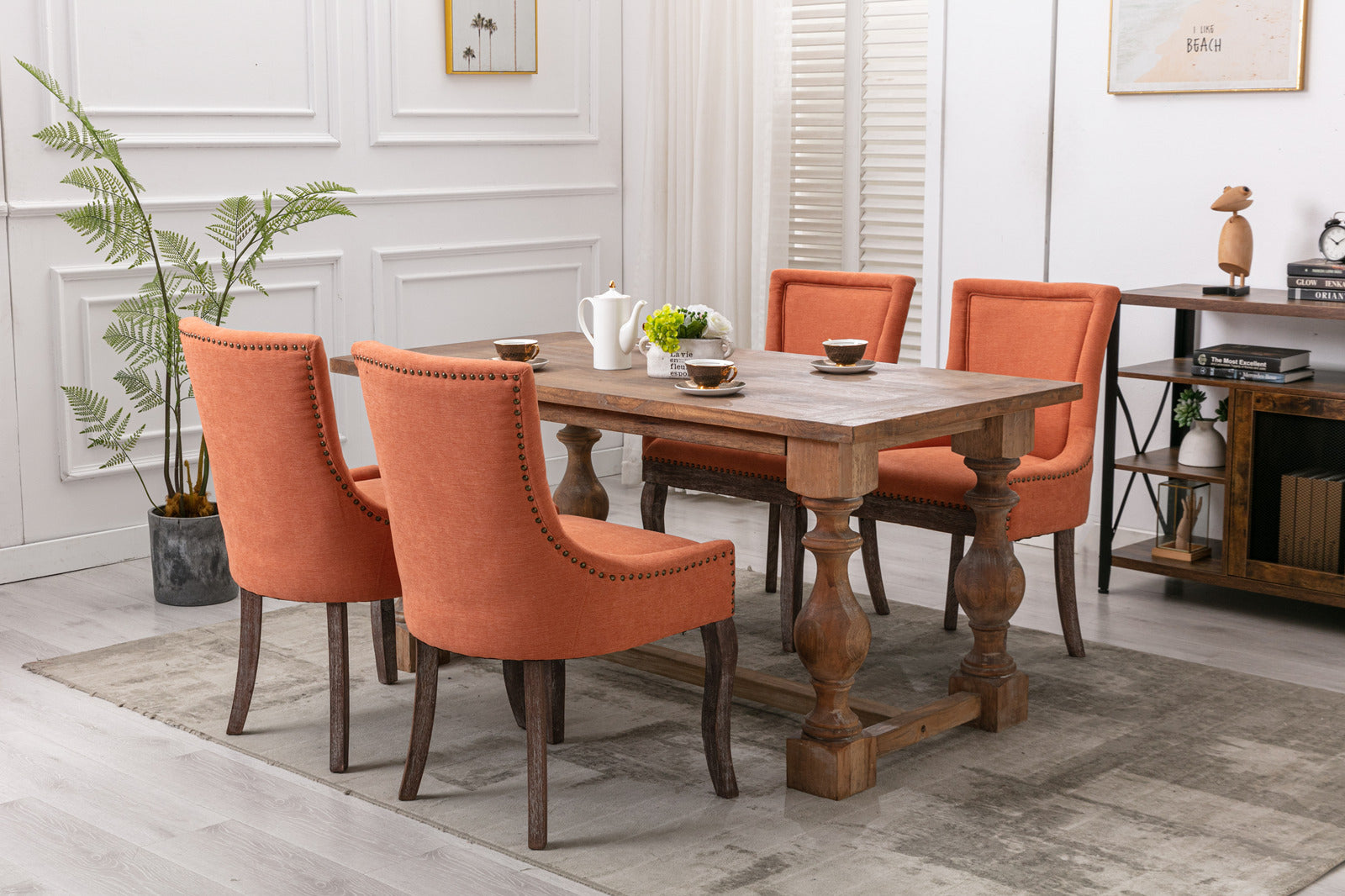 A&A Furniture,Ultra Side Dining Chair，Thickened fabric chairs with neutrally toned solid wood legs， Bronze nail head，Set of 2，Orange - Grand Goldman Shop
