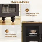 Farmhouse TV Stand with Solid Wood Gourd-Shaped Legs for TVs Up to 70', Entertainment Center with Bookshelves & Tempered Glass Doors, Media Console with Adjustable Shelves, Living Room, Black - Grand Goldman Shop