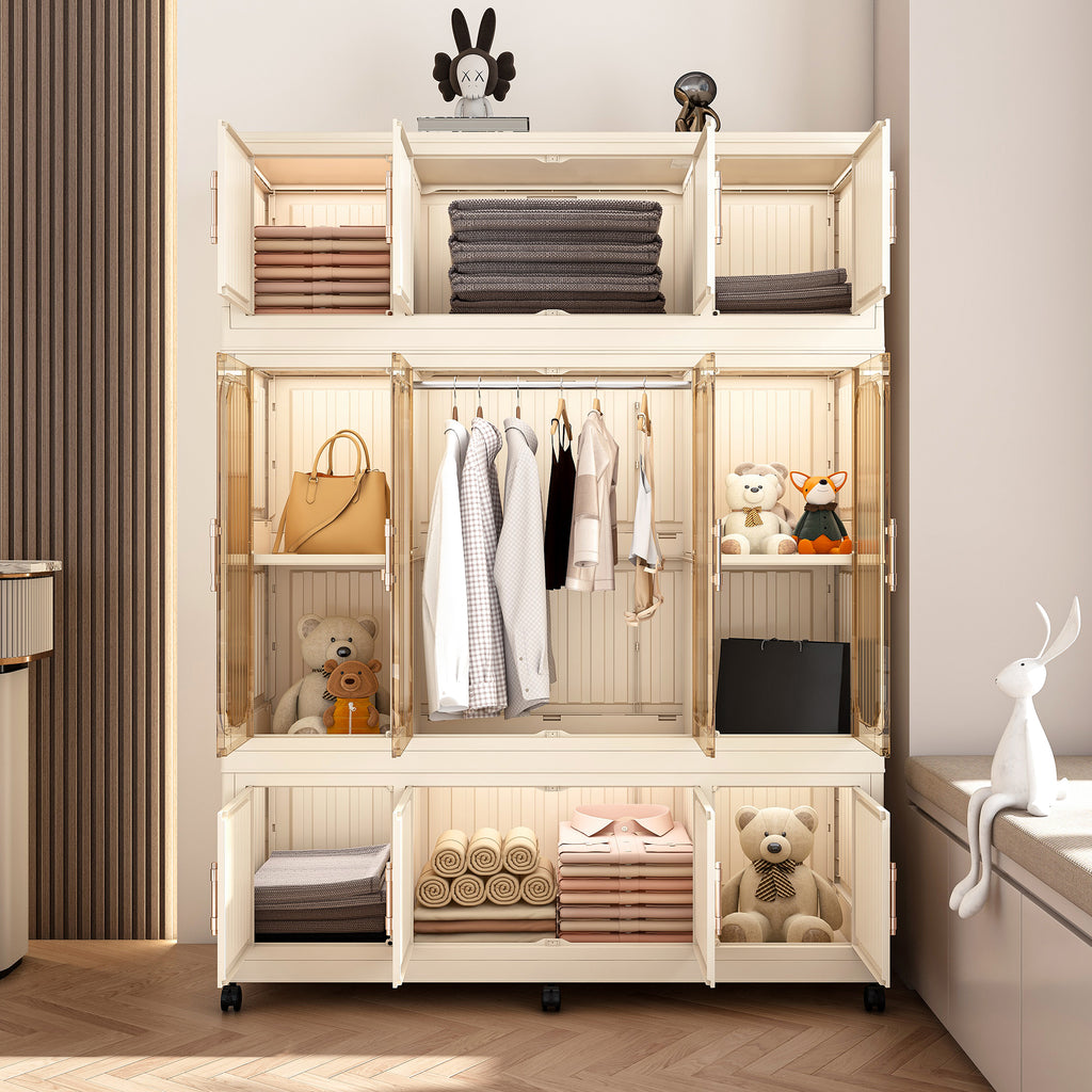 Portable Wardrobe Closet Storage Organizer for Clothes,Clothes Dresser,12 Magnetic Doors-12 Cubes & 1 Hanging Rod,6 pcs hangers , Baby Wardrobe Storage Cabinet,White - Grand Goldman Shop