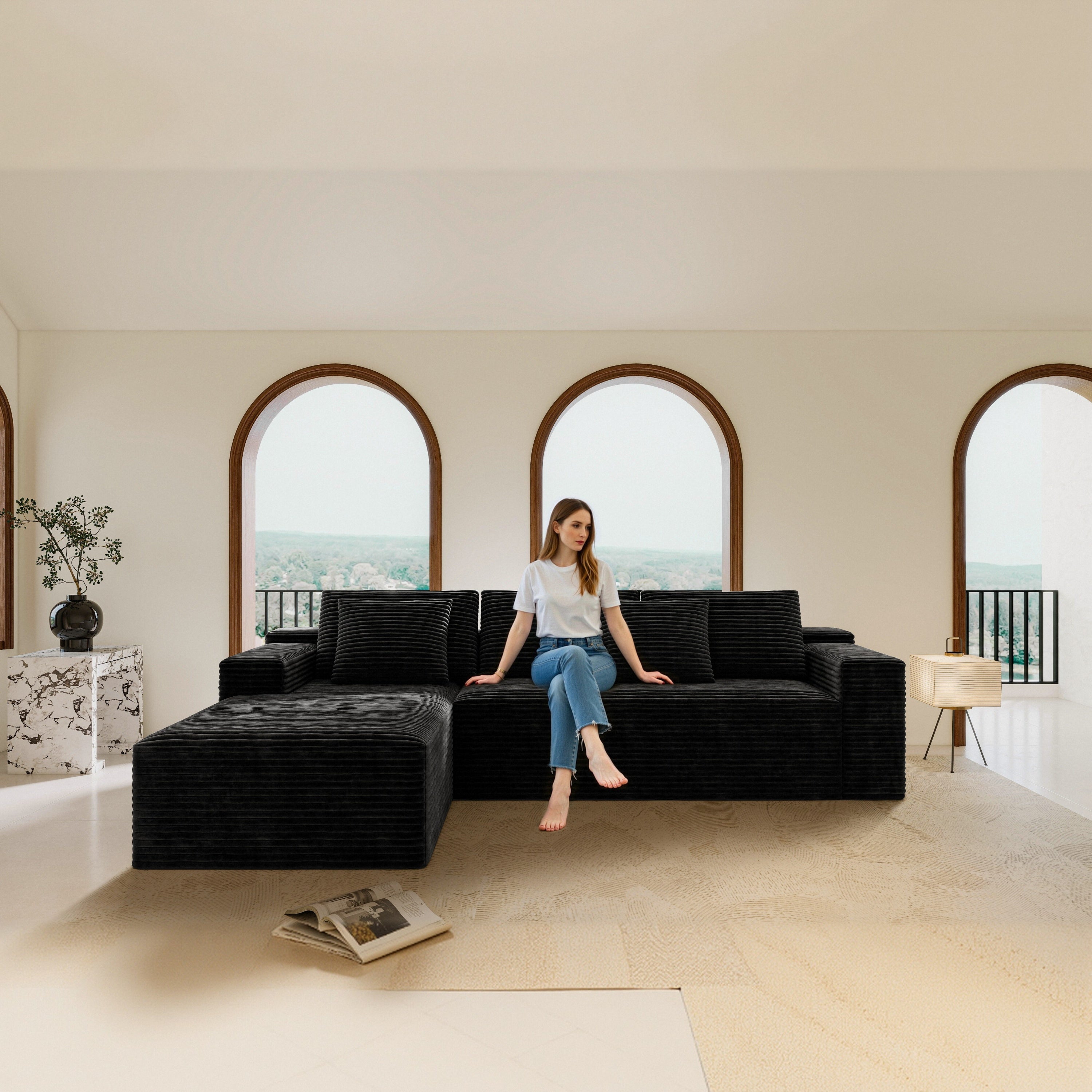 104.3*68.9'Modular sectional sofa seat,Upholstered compressed couch for living room,Bedroom,Apartment,No assembly required,2PC free combination,Plush corduroy fabric,BLACK - Grand Goldman Shop