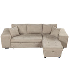 Modern L-Shape 3 Seat Reversible Sectional Couch with Pull Out Sleeper, Storage Chaise & 2 Stools, Cream, Linen Chenille - Grand Goldman Shop
