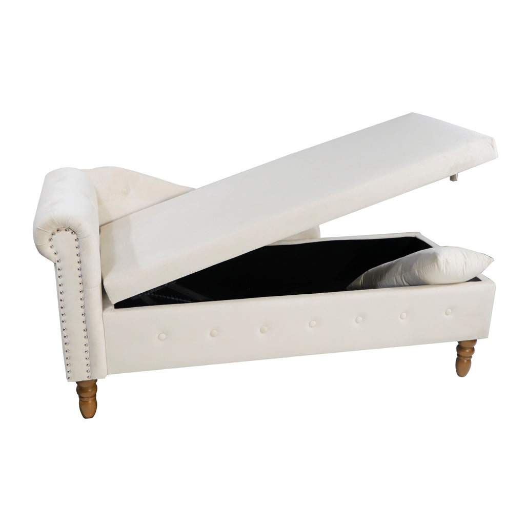 Beige Chaise Lounge Indoor, Velvet Lounge Chair for Bedroom with Storage & Pillow, Modern Upholstered Rolled Arm Chase Lounge for Sleeping with Nailhead Trim for Living Room Bedroom Office - Grand Goldman Shop
