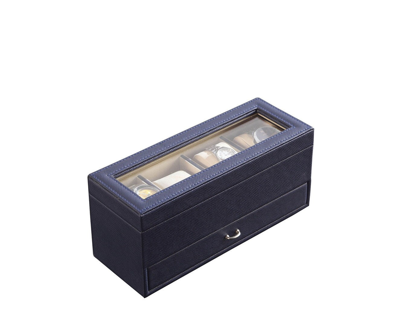 9.3' Long Tempered Glass and Leather Jewelry / Watch Display with Drawers, Blue - Grand Goldman Shop