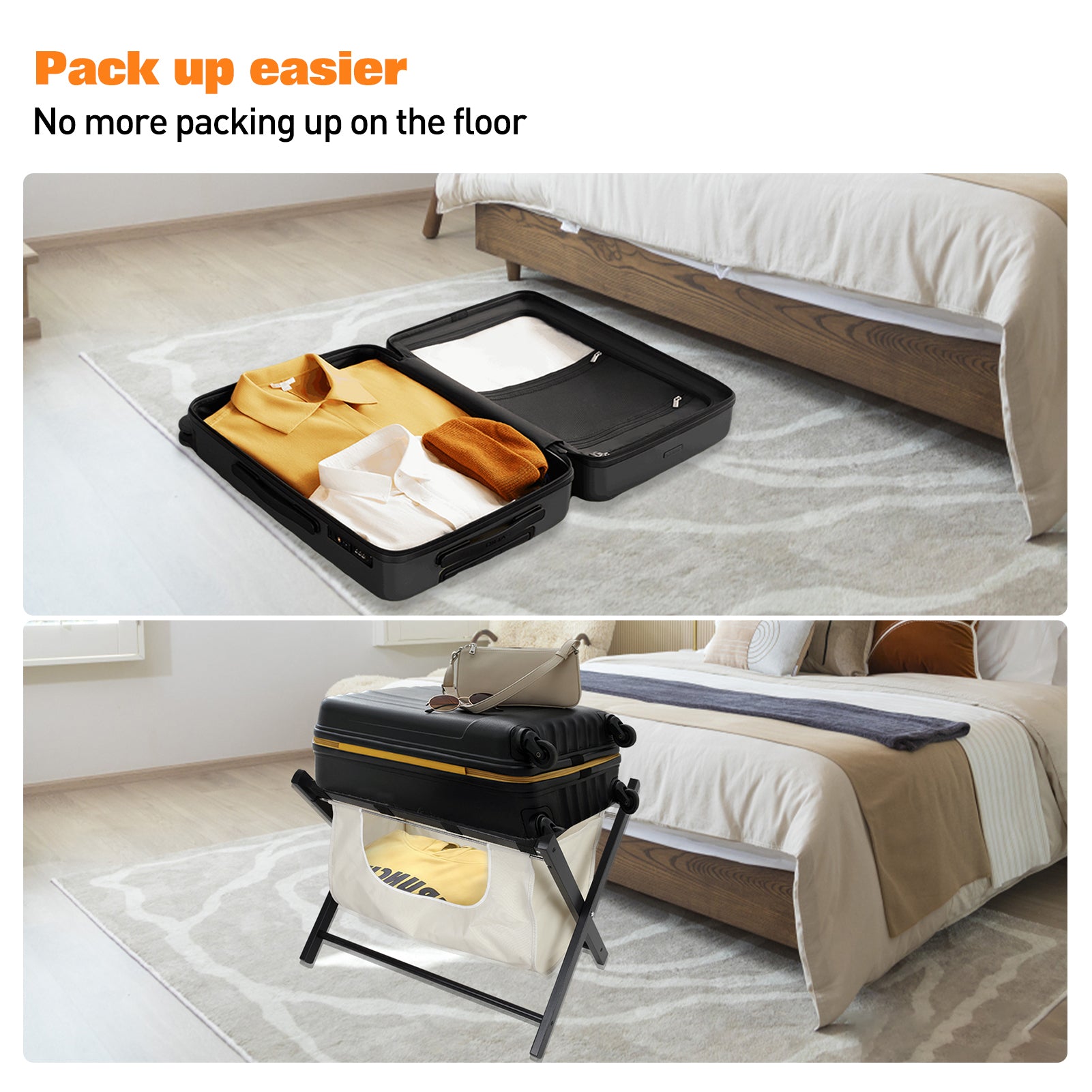 Hofitlead Wooden Luggage Rack, Folding Luggage Rack Suitcase Stand with Storage Shelf for Home Guest Room Bedroom Hotel,Black