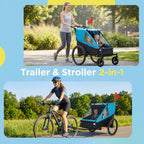 2 in 1 Kids Bike Trailer and Stroller for 1 to 2 Children, Jogging Function, Foldable Compact Storage with Universal Bike Hit
