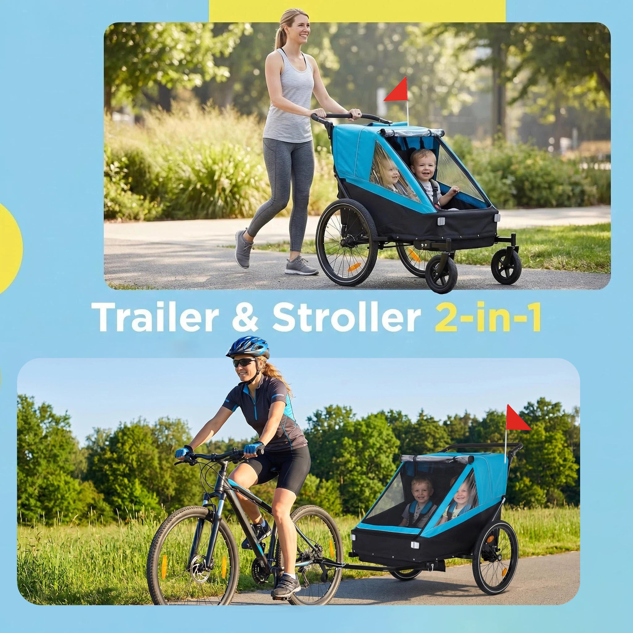 2 in 1 Kids Bike Trailer and Stroller for 1 to 2 Children, Jogging Function, Foldable Compact Storage with Universal Bike Hit