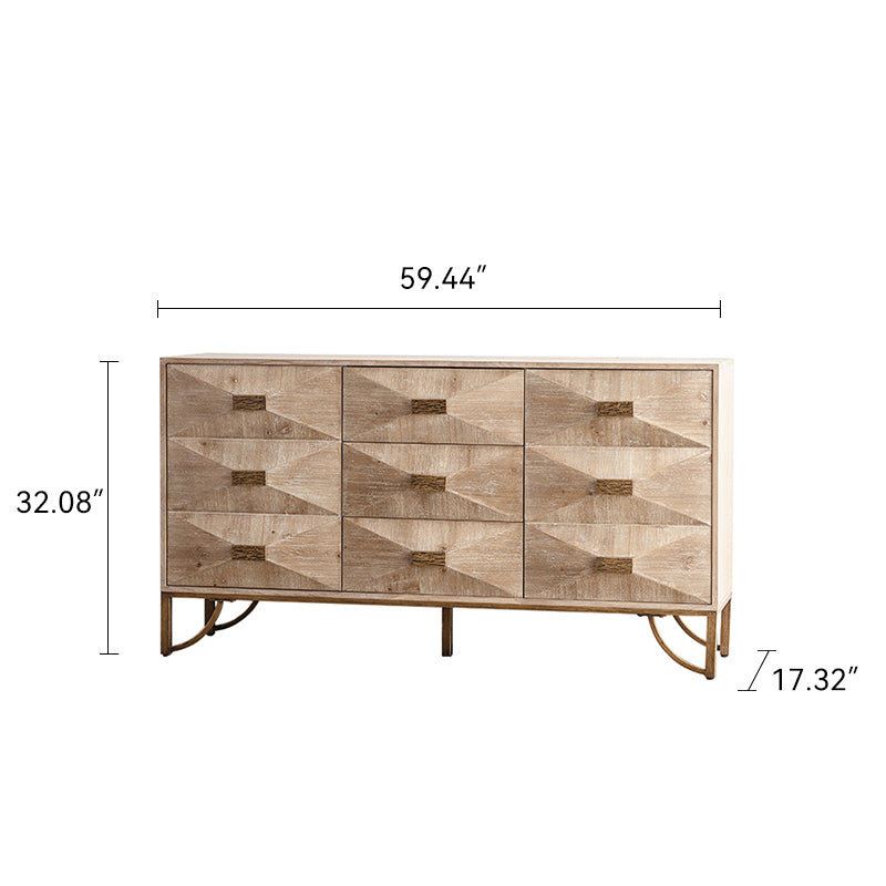 59.44' Light Wood Sideboard Buffet - 3-Drawer + 2-Door Storage Cabinet with Geometric Relief Fronts, Gold Metal Legs for Living Room/Dining Room - Grand Goldman Shop