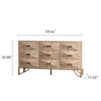 59.44' Light Wood Sideboard Buffet - 3-Drawer + 2-Door Storage Cabinet with Geometric Relief Fronts, Gold Metal Legs for Living Room/Dining Room - Grand Goldman Shop