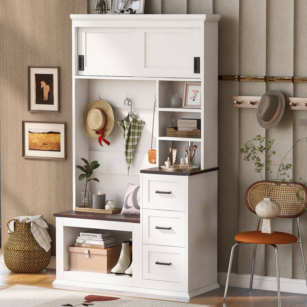 U-Can Modern Entryway Bench with Coat Rack, 3 Shelves and Drawers, 3 Sturdy Hooks, 40.2'' Wide Hall Tree with Storage Bench for Hallway, Entryway, Living Room - Grand Goldman Shop