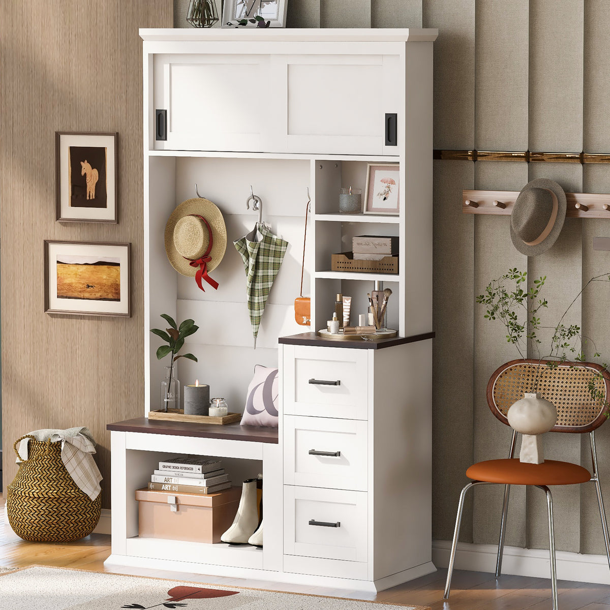 U-Can Modern Entryway Bench with Coat Rack, 3 Shelves and Drawers, 3 Sturdy Hooks, 40.2'' Wide Hall Tree with Storage Bench for Hallway, Entryway, Living Room - Grand Goldman Shop