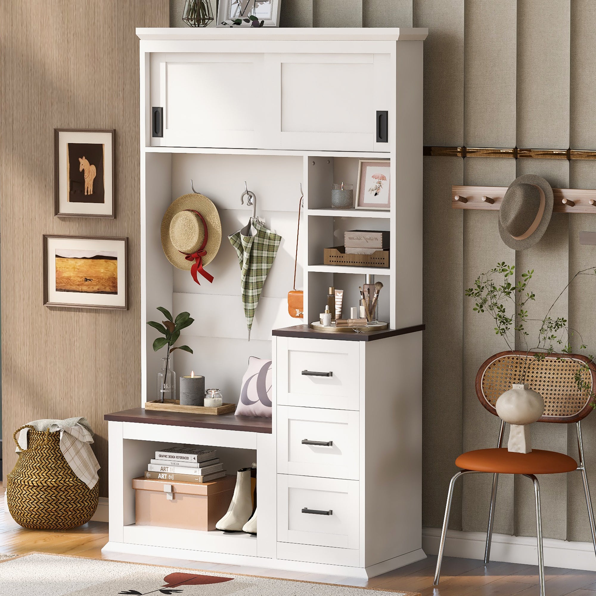 U-Can Modern Entryway Bench with Coat Rack, 3 Shelves and Drawers, 3 Sturdy Hooks, 40.2'' Wide Hall Tree with Storage Bench for Hallway, Entryway, Living Room - Grand Goldman Shop